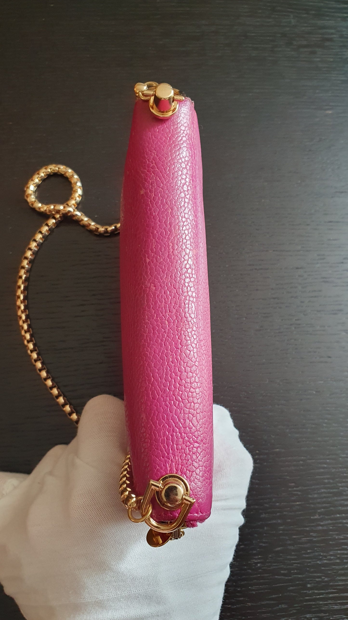 Authentic Chanel Upcycle Pink Caviar Zip Wallet with Shoulder Chain