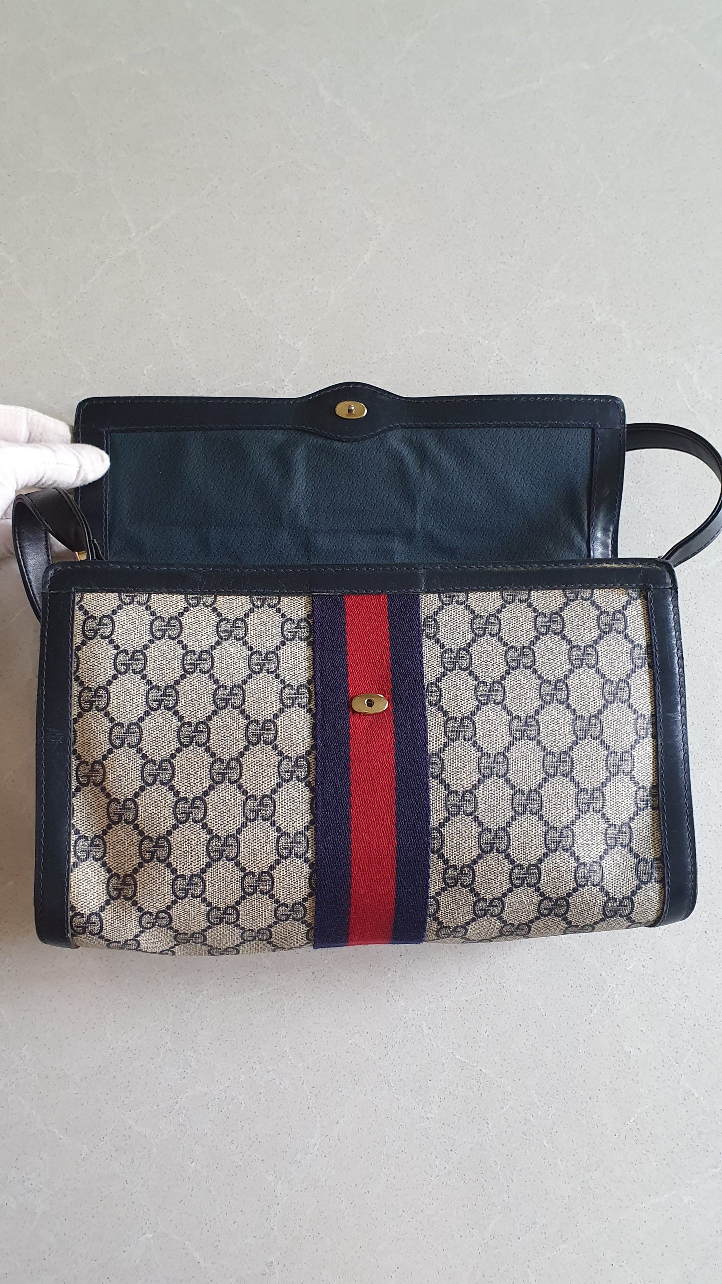 Authentic Vintage Gucci Upcycle (Dark Navy) Large Purse with Shoulder Strap