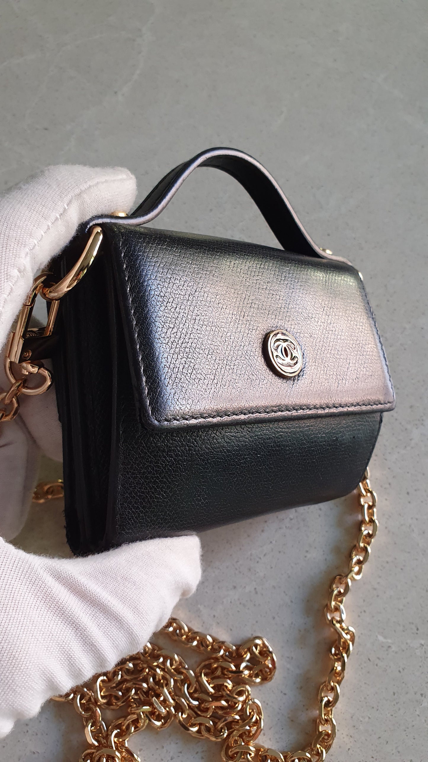Authentic Chanel Upcycle Small Black Caviar Wallet with Strap and Chain