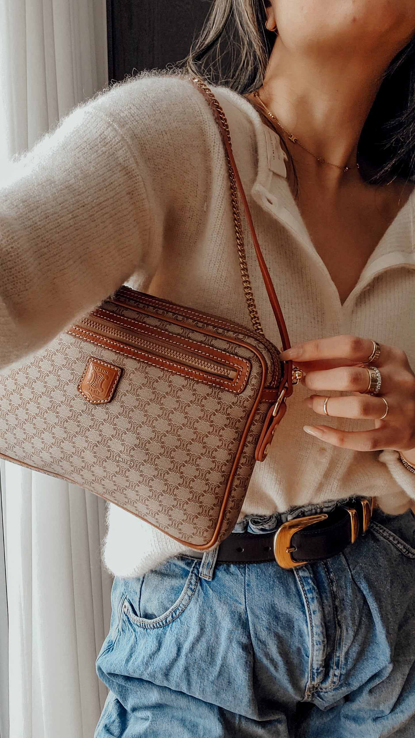 Authentic Vintage Celine Upcycle Tan Shoulder Purse with Chain & Strap