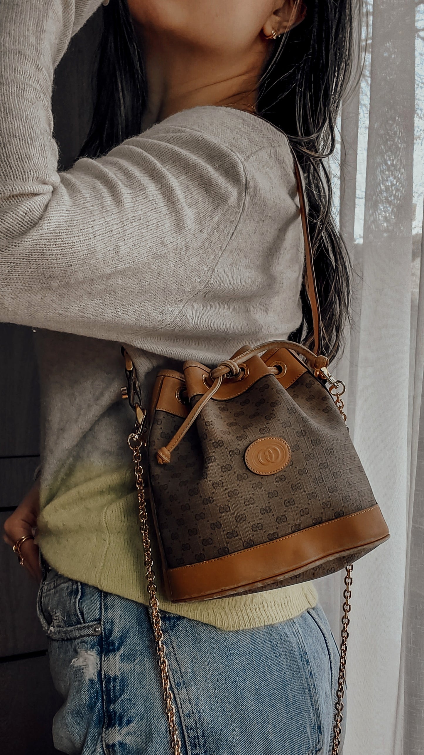 Authentic Vintage Gucci Small Tan Bucket Bag with Chain