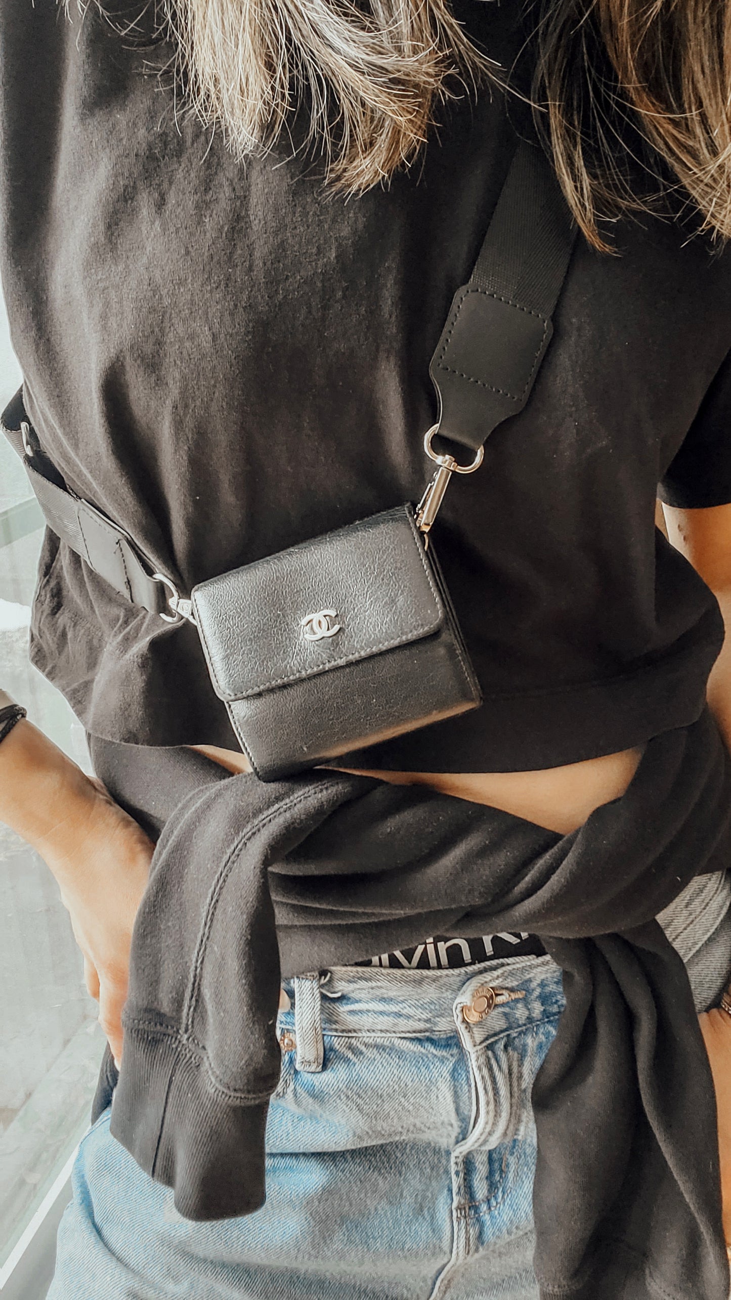 Authentic Chanel Upcycle Black Caviar Compact a Wallet with Strap