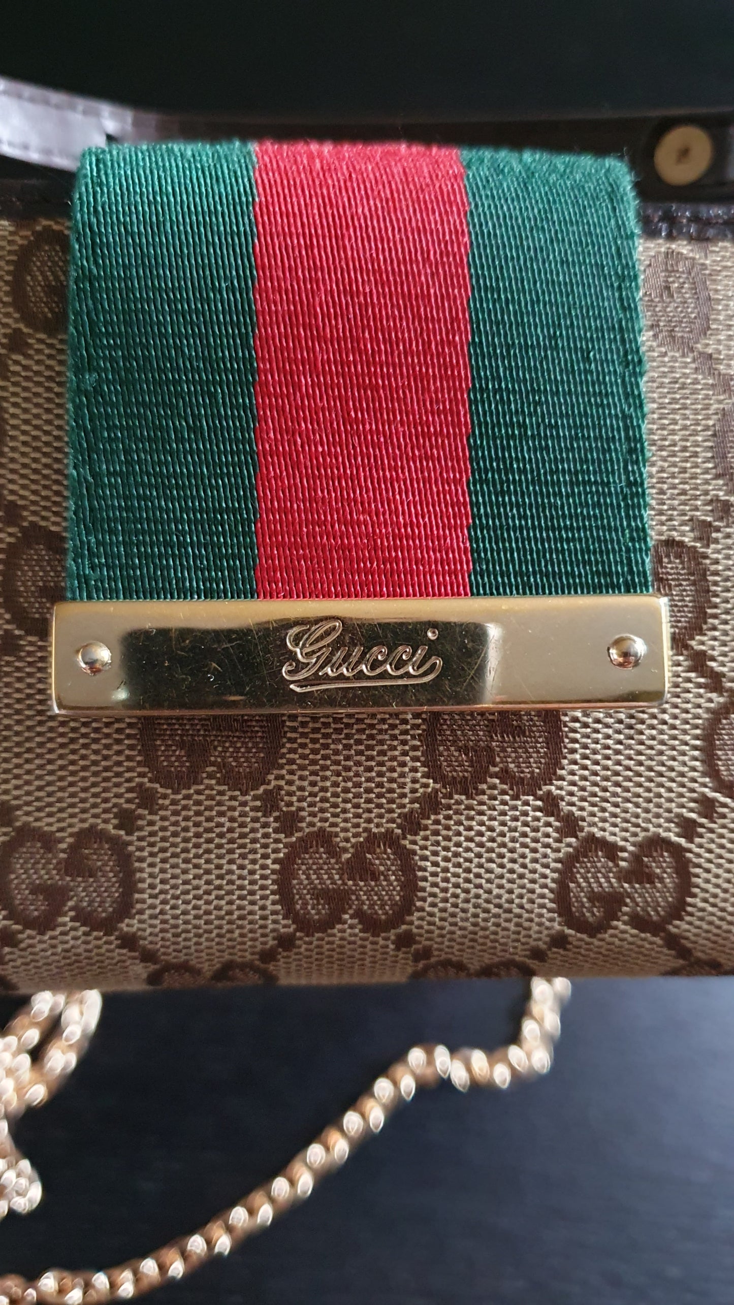 Authentic Gucci Upcycle Canvas Wallet with Strap and Chain