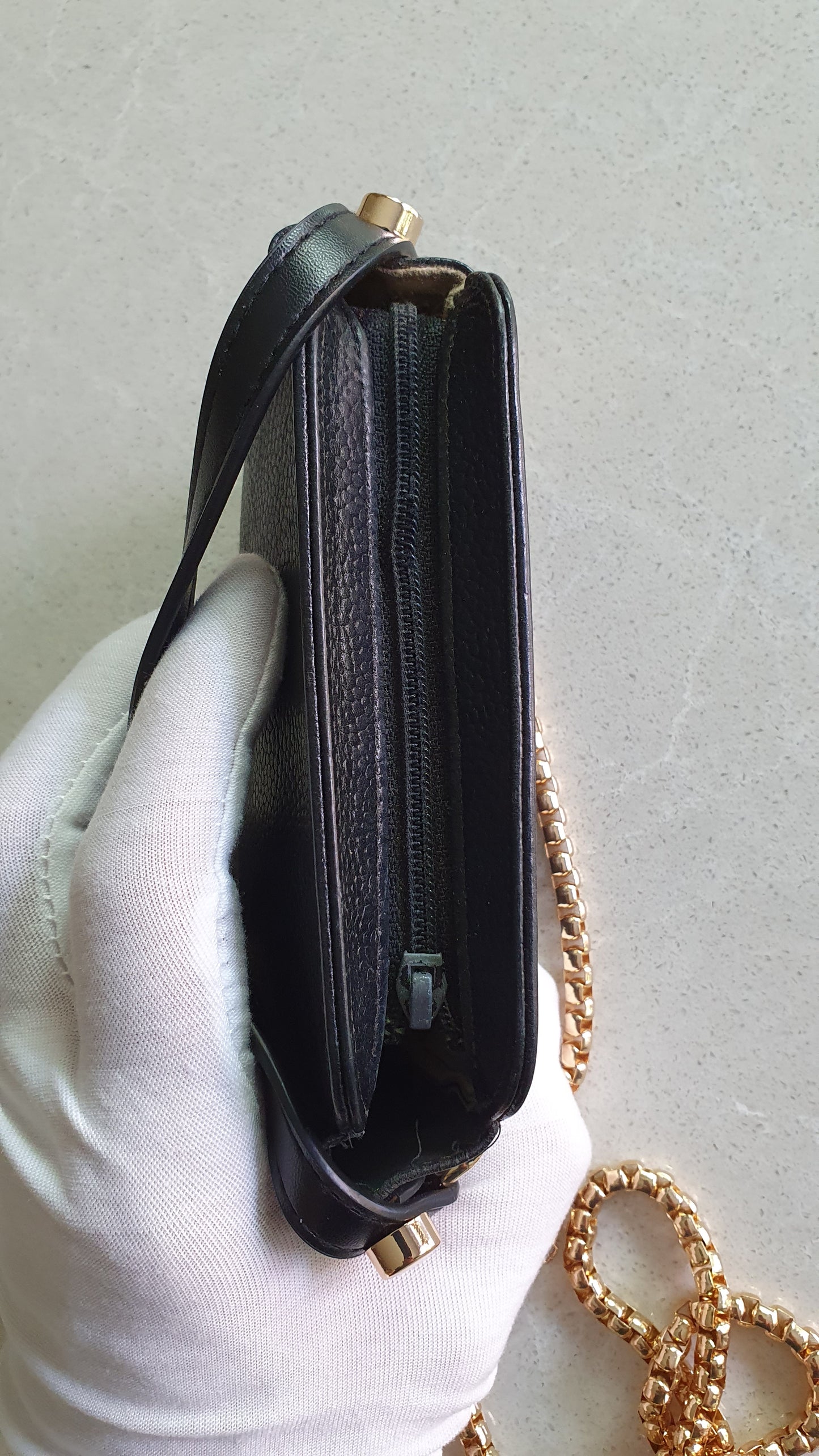 Authentic Chanel Upcycle Mini Black Caviar Pouch with Strap & Chain