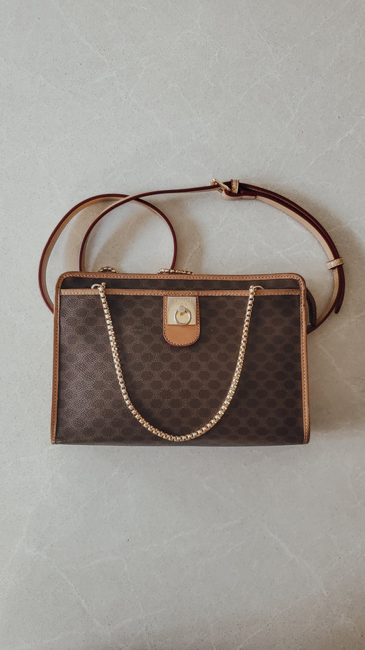 Authentic Vintage Celine Upcycle Brown Purse with Strap & Chains