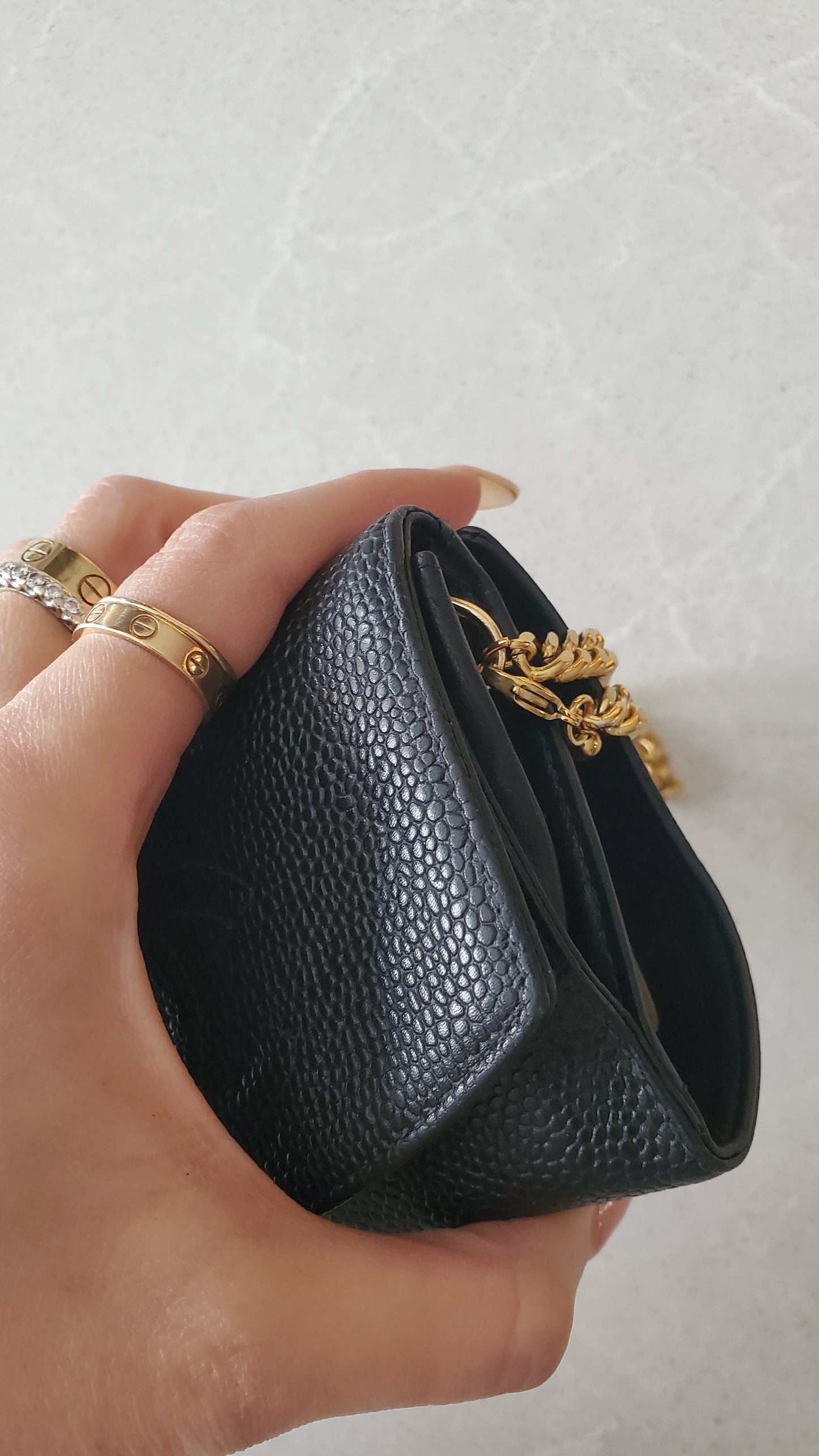 Authentic Vintage Chanel Upcycle Black Caviar Compact Wallet on Chain