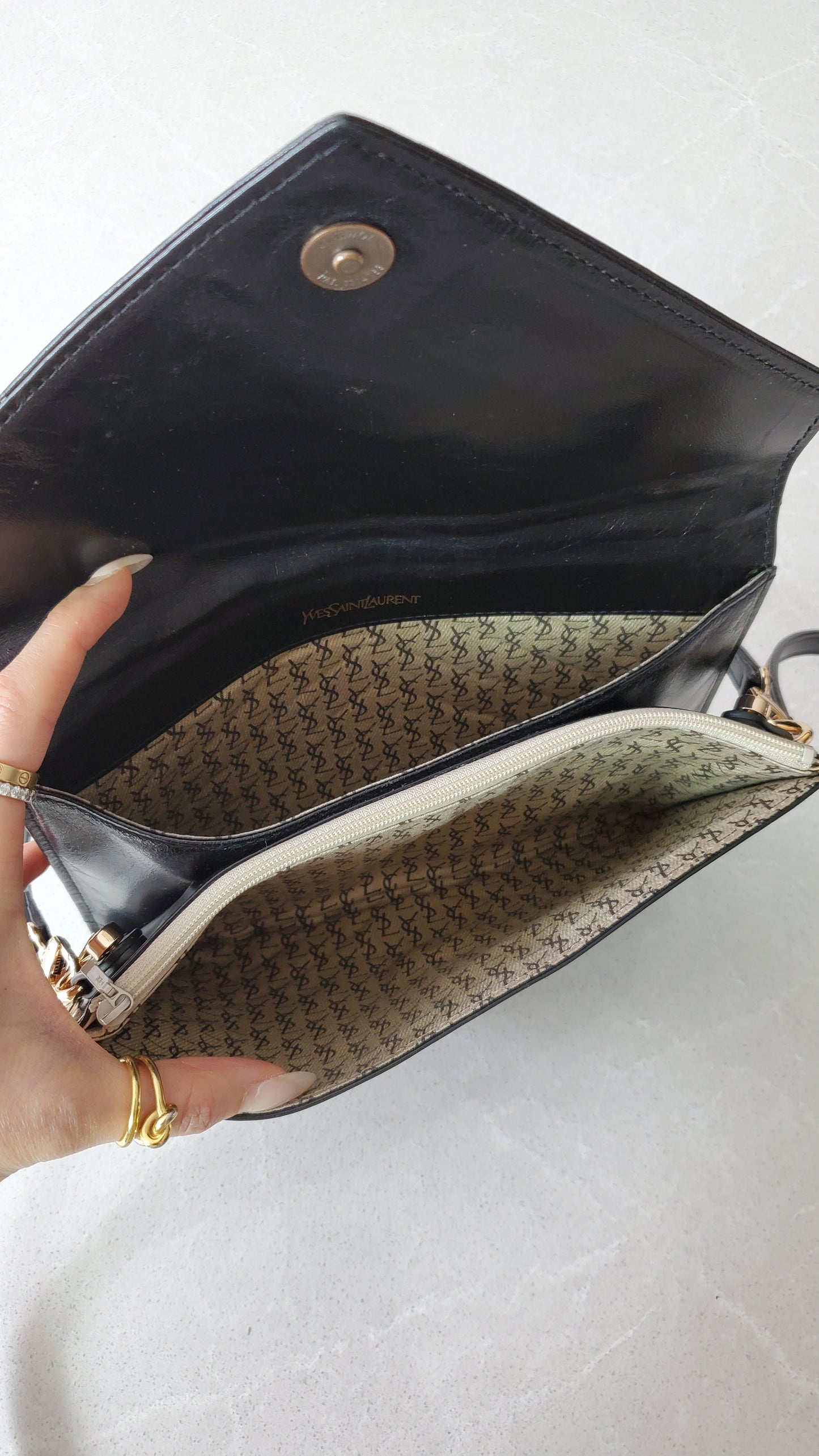 Authentic Vintage YSL Yves Saint Laurent Upcycle Black Leather Multi Compartments Purse with Straps