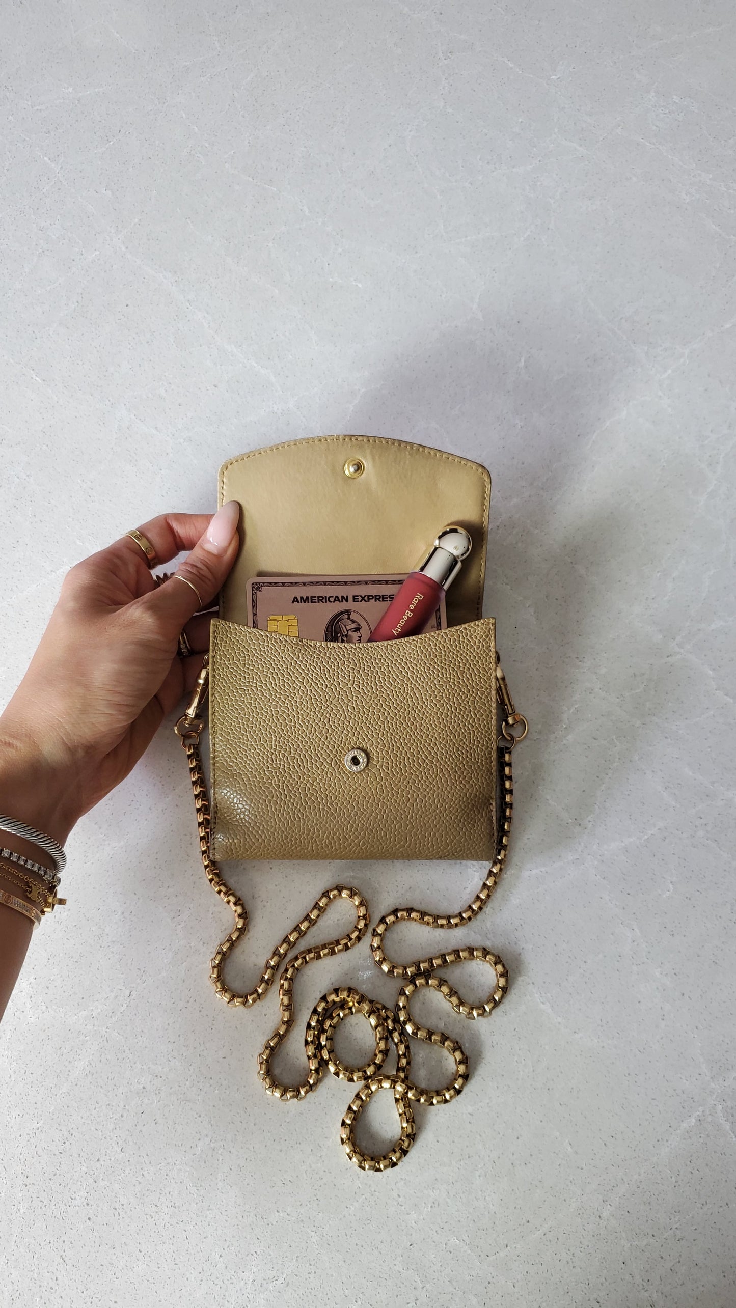 Authentic Chanel Upcycle (Tan) Small Compact Caviar Wallet with Chain