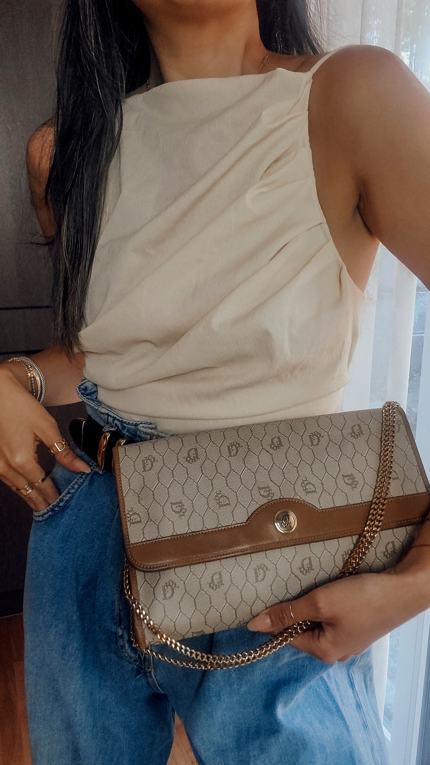 Authentic Vintage Dior Tan Purse with Versatile Chain