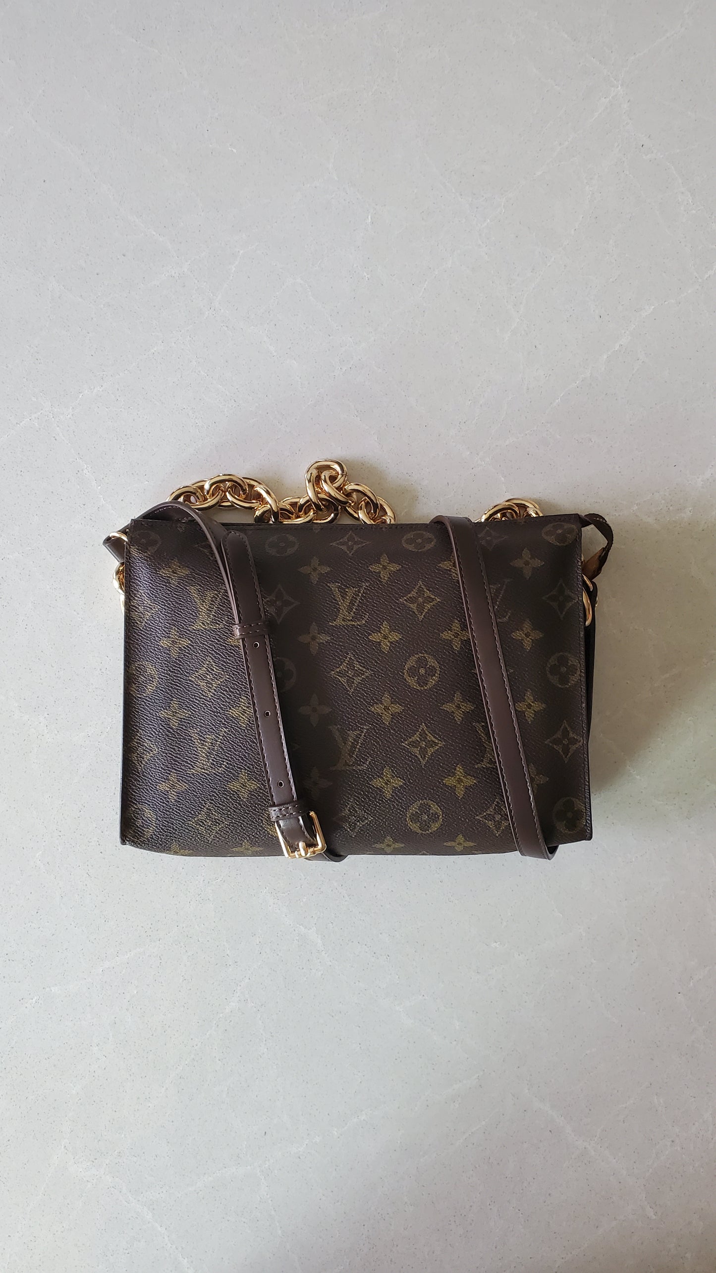 Authentic Vintage Louis Vuitton Upcycle Toiletry Pouch (with grey insert) with Chain & Strap