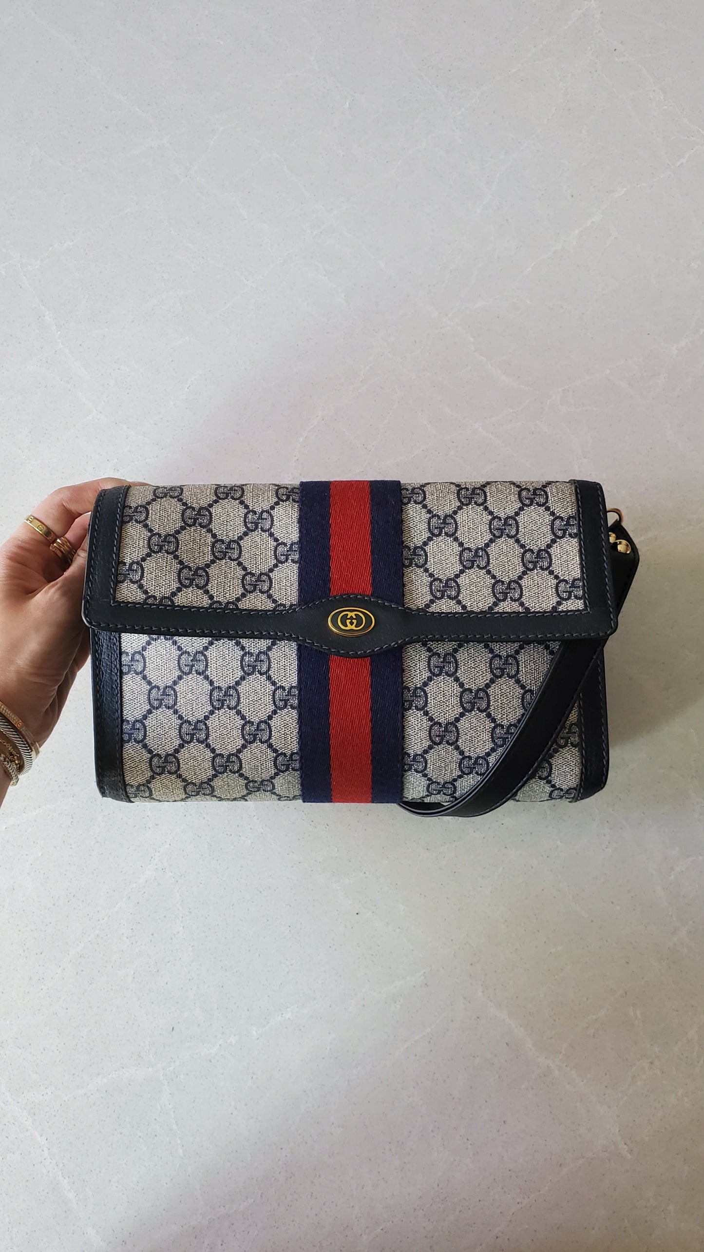 Authentic Vintage Gucci Upcycle (Dark Navy) Large Purse with Shoulder Strap
