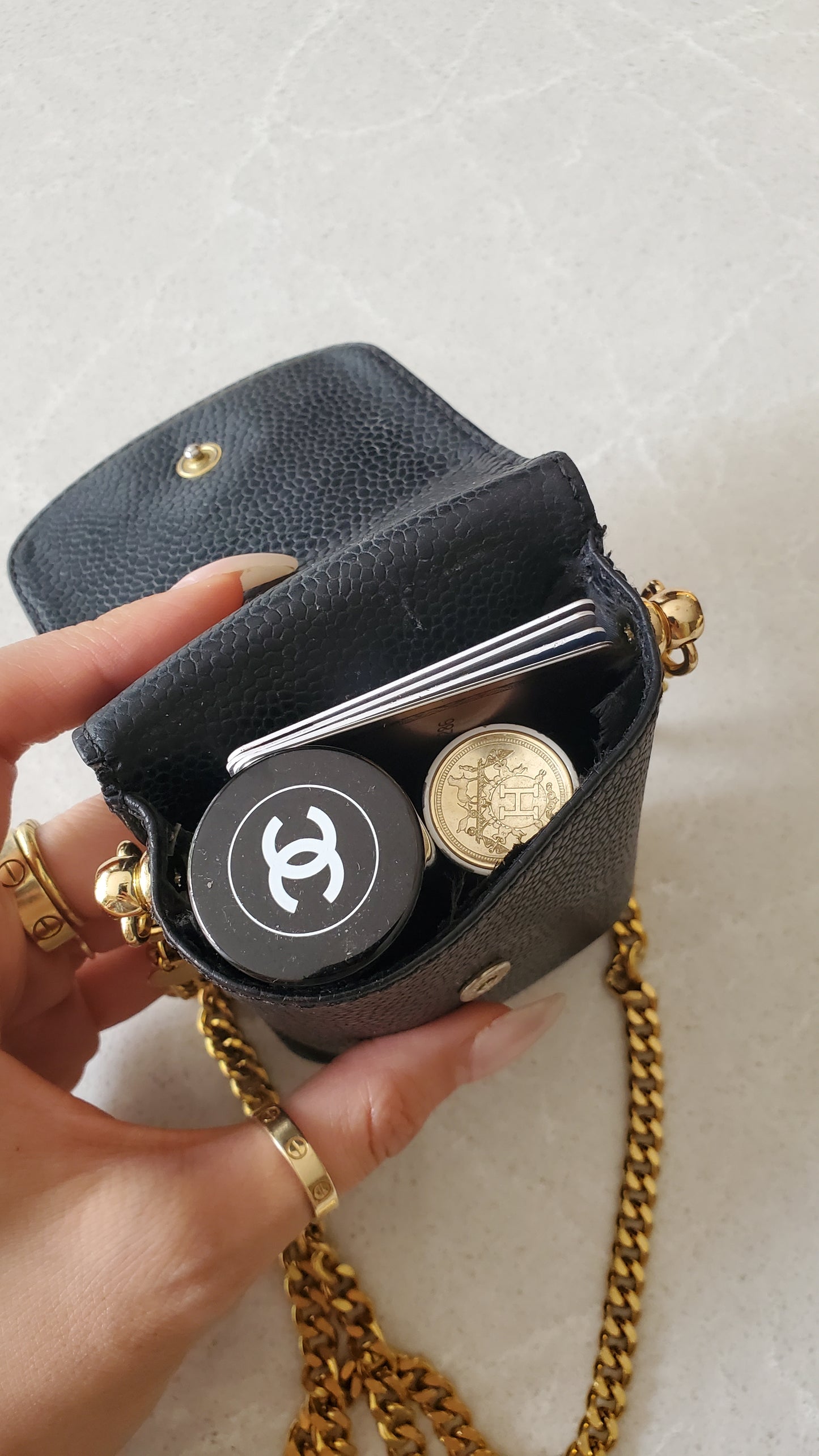 Authentic Vintage Chanel Upcycle Versatile Black Caviar Small Pouch on Chain (2 chains option)