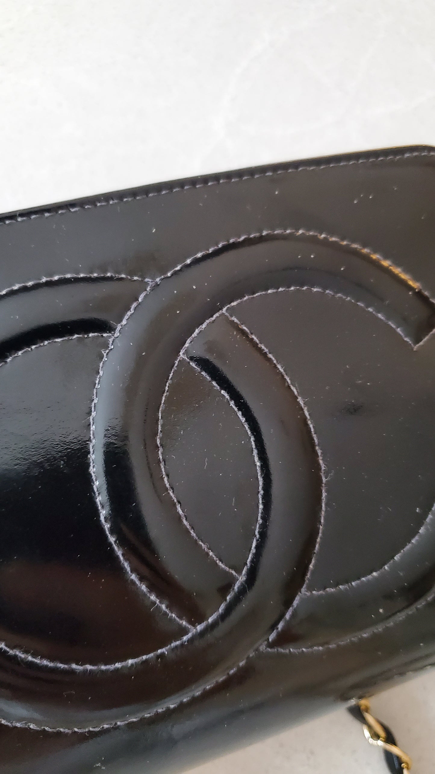 Authentic Vintage Chanel Upcycle Black Patent Pouch with Chain