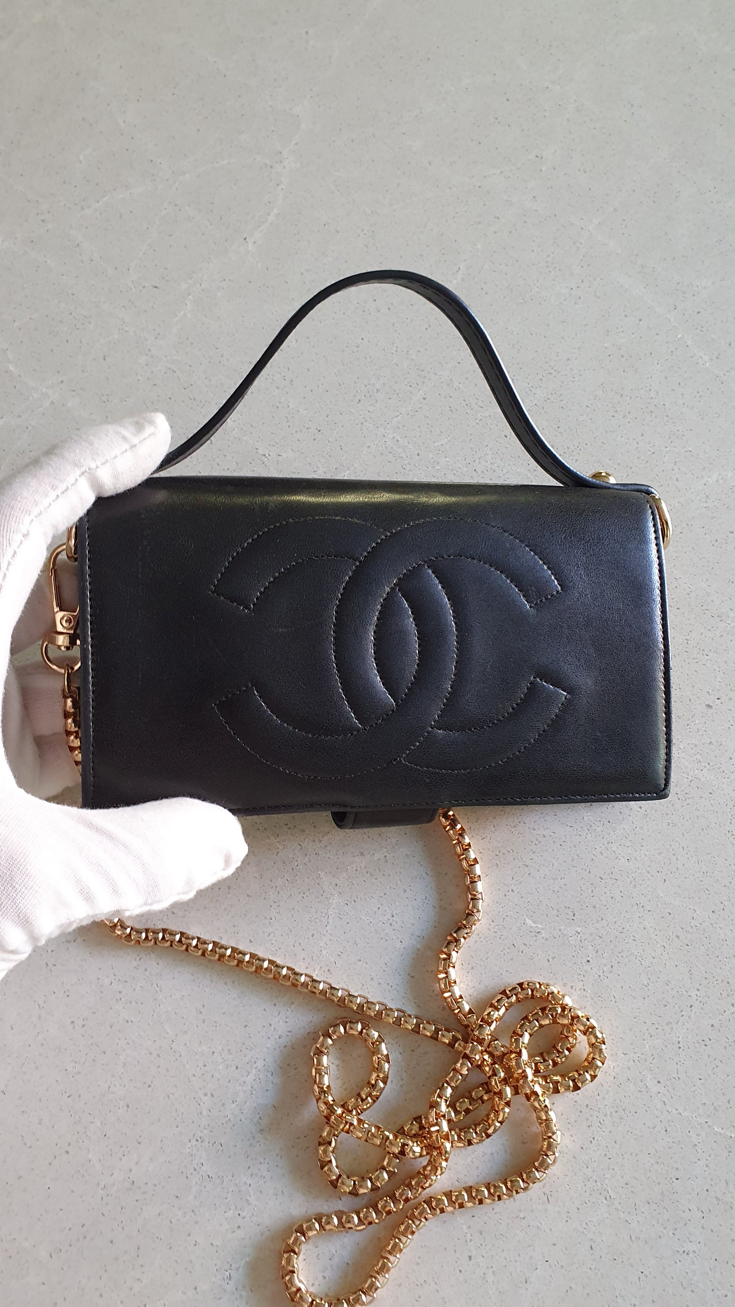 Authentic Chanel Upcycle Black Leather Long Wallet with Strap & Chain