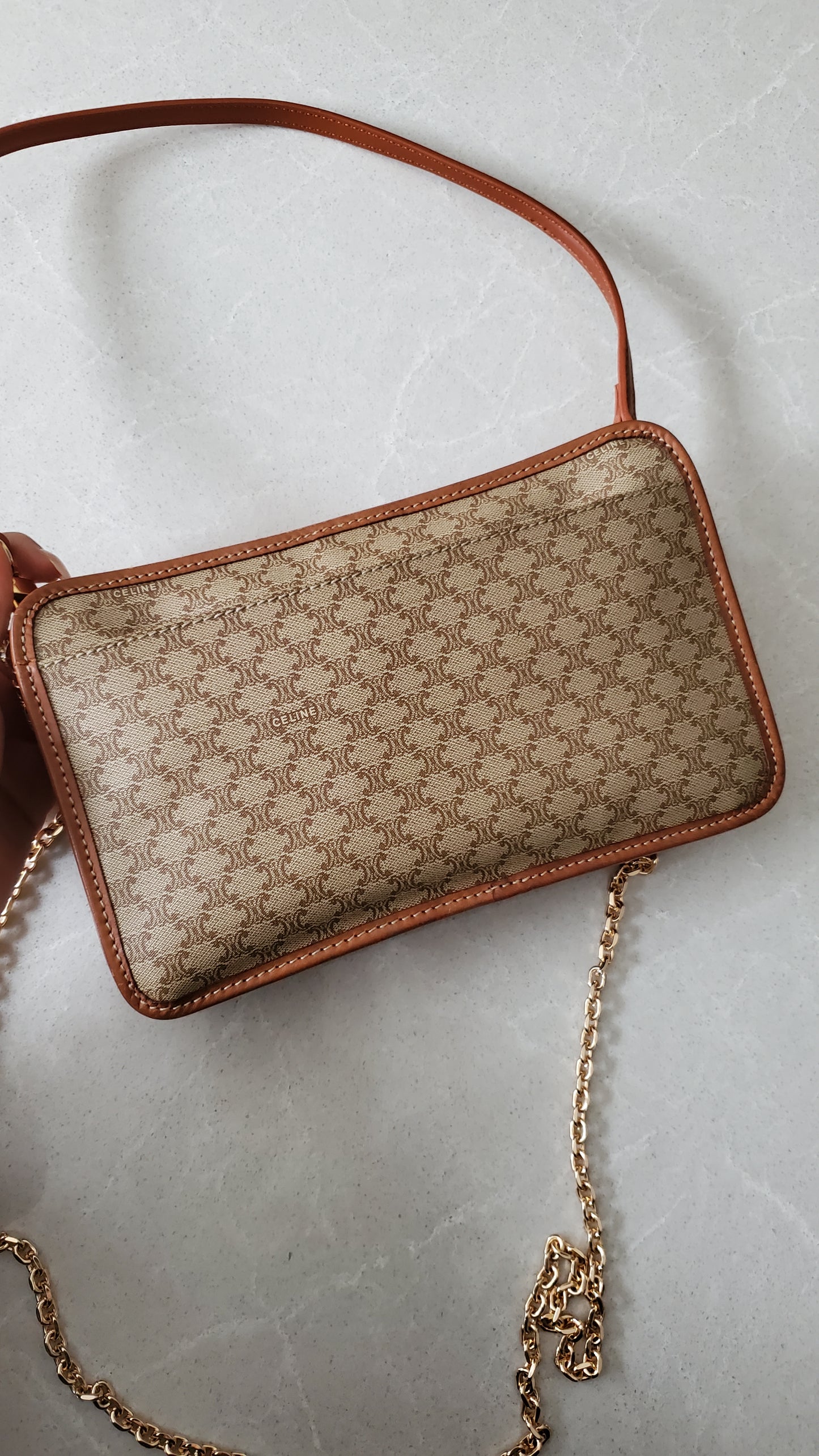 Authentic Vintage Celine Upcycle Tan Purse with Strap & Chain