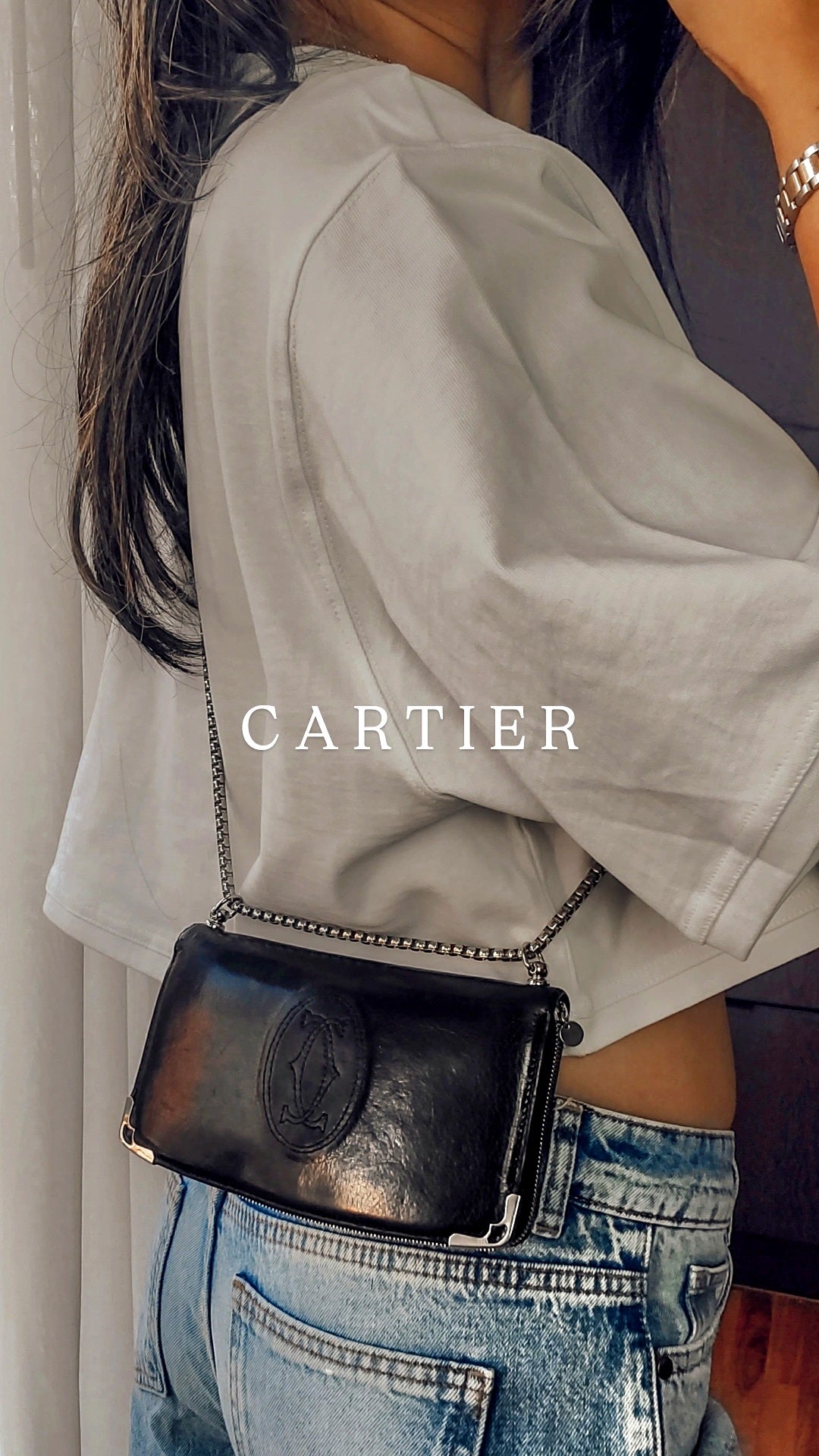 Authentic Vintage Cartier Upcycle Black Leather Wallet with Chain