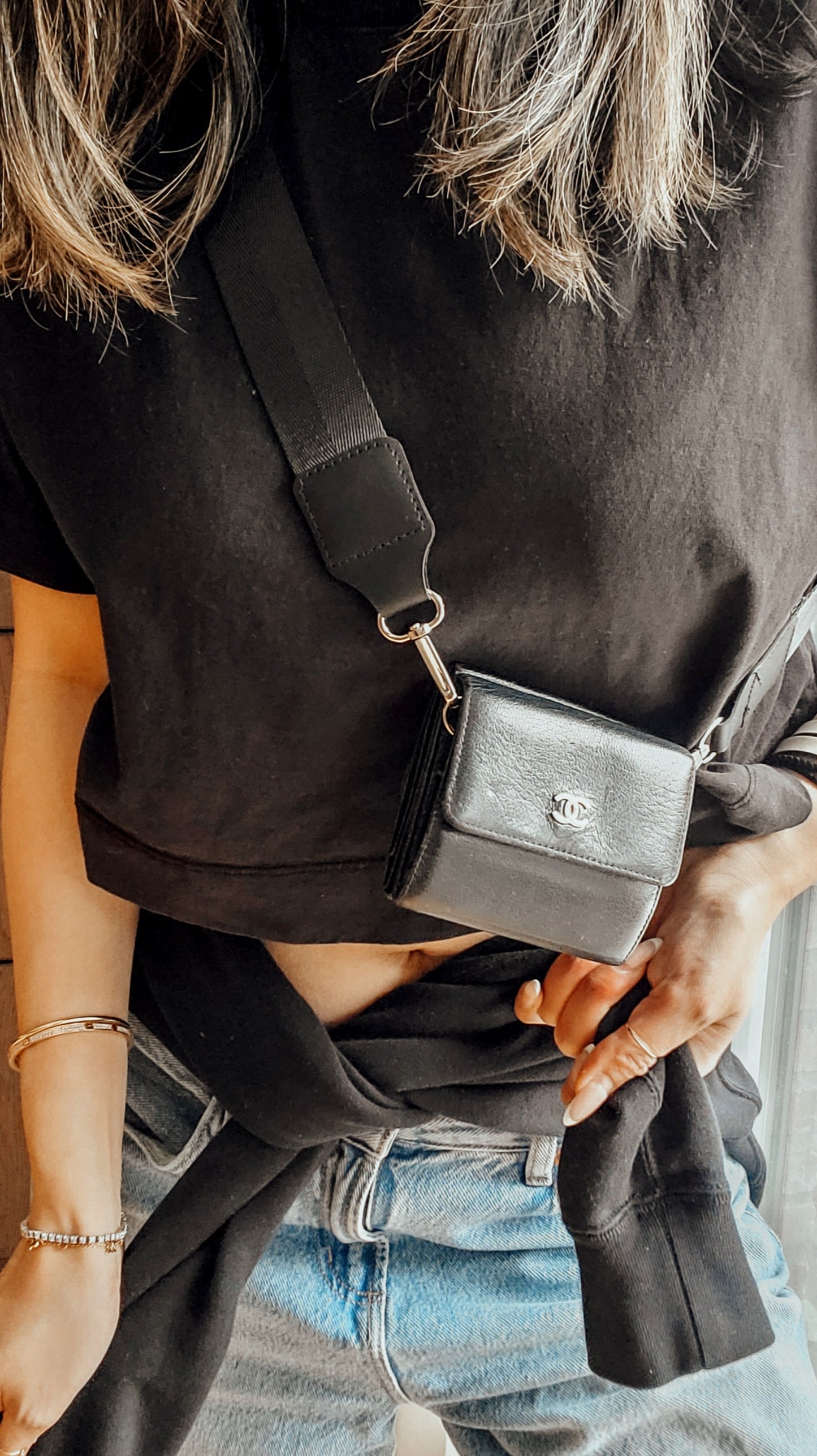 Authentic Chanel Upcycle Black Caviar Compact a Wallet with Strap