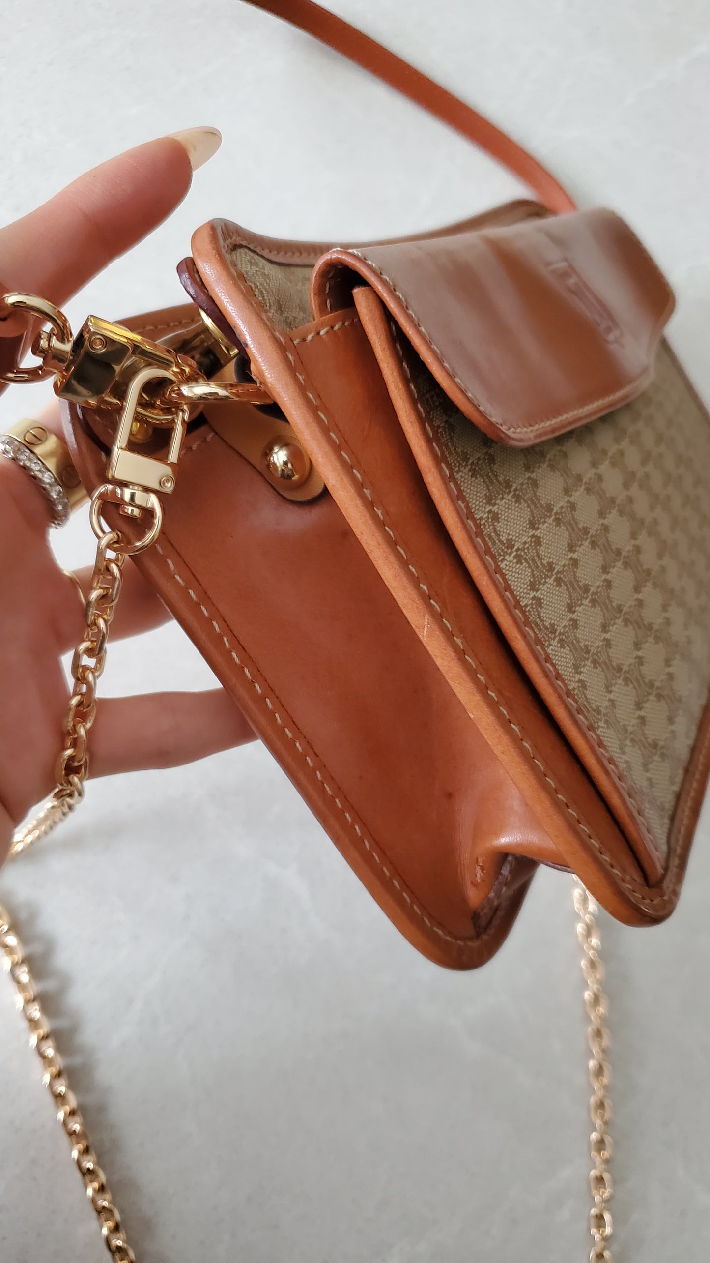 Authentic Vintage Celine Upcycle Tan Purse with Strap & Chain