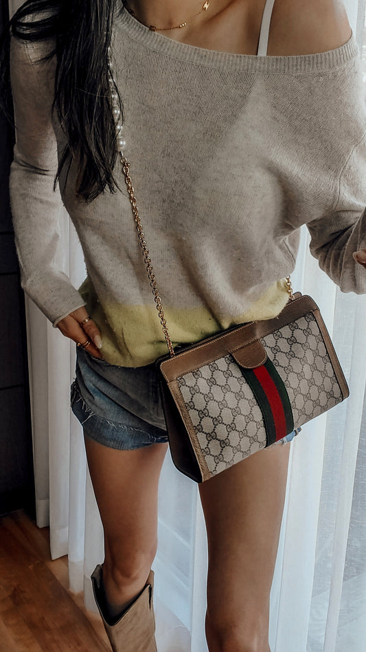 Authentic Vintage Gucci Brown Purse with Strap & Chain (Half Pearls)