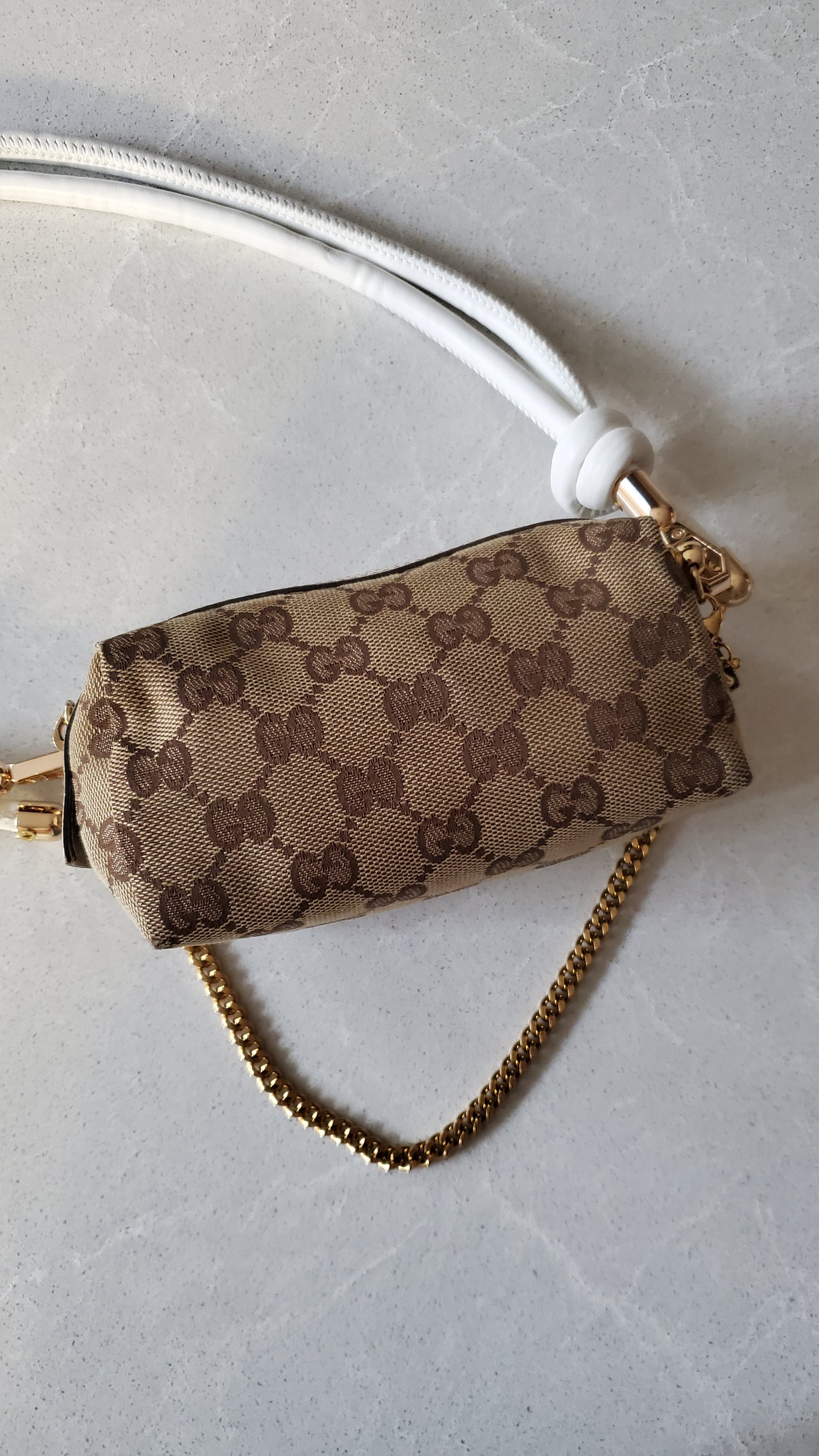 Authentic Vintage Gucci Upcycle Tan Fabric Pouch on Chain & Strap