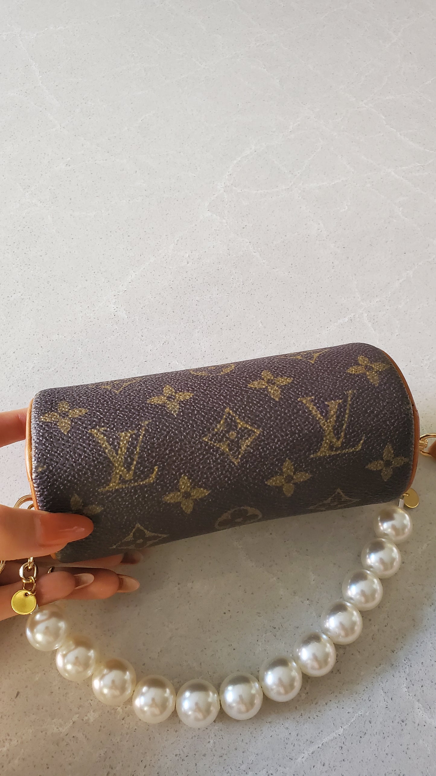 Authentic Vintage Louis Vuitton Upcycle Round Brown Monogram Pouch on Chain & Strap