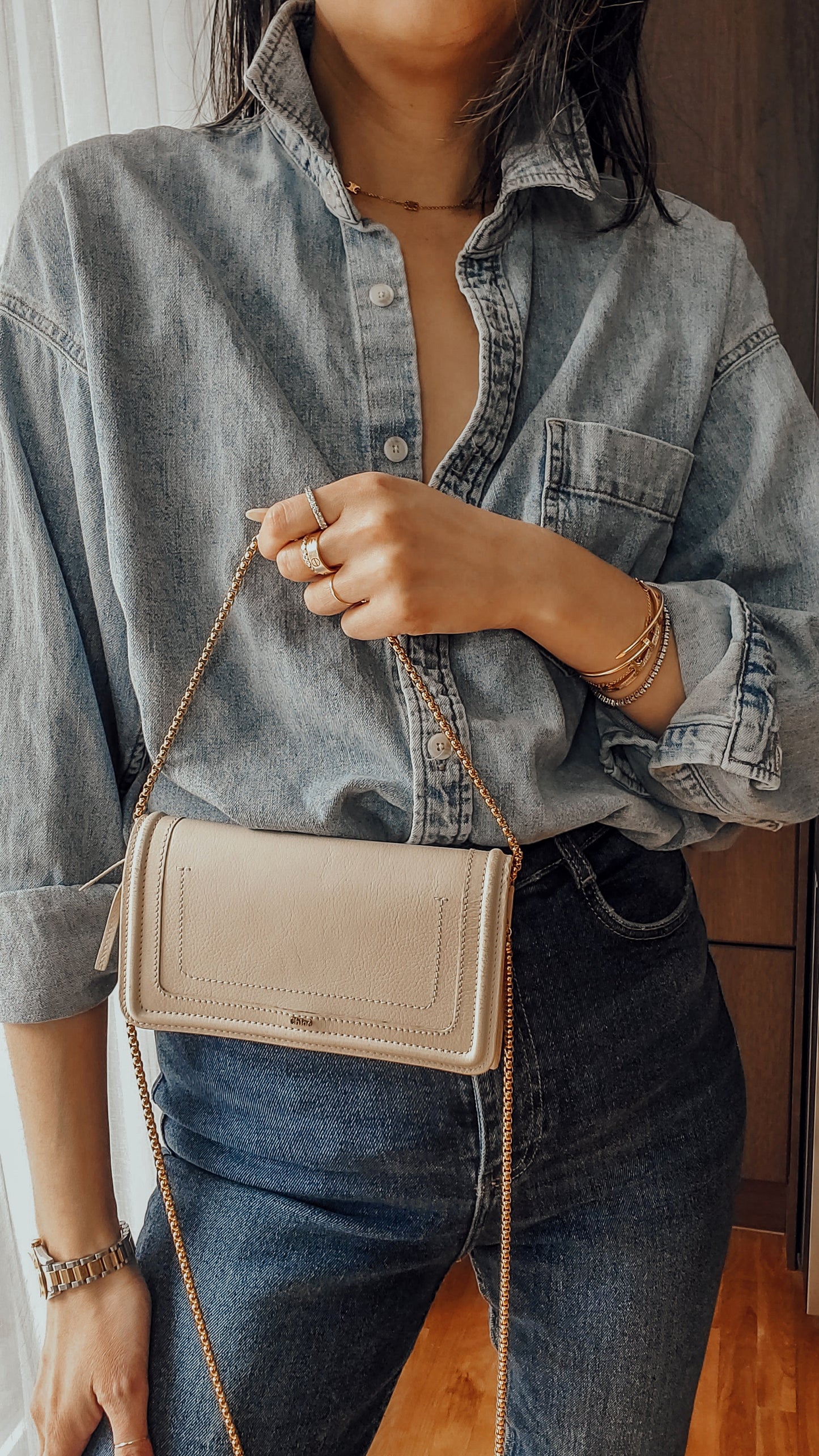 Authentic Chloe Upcycle Cream Leather Wallet with Chain