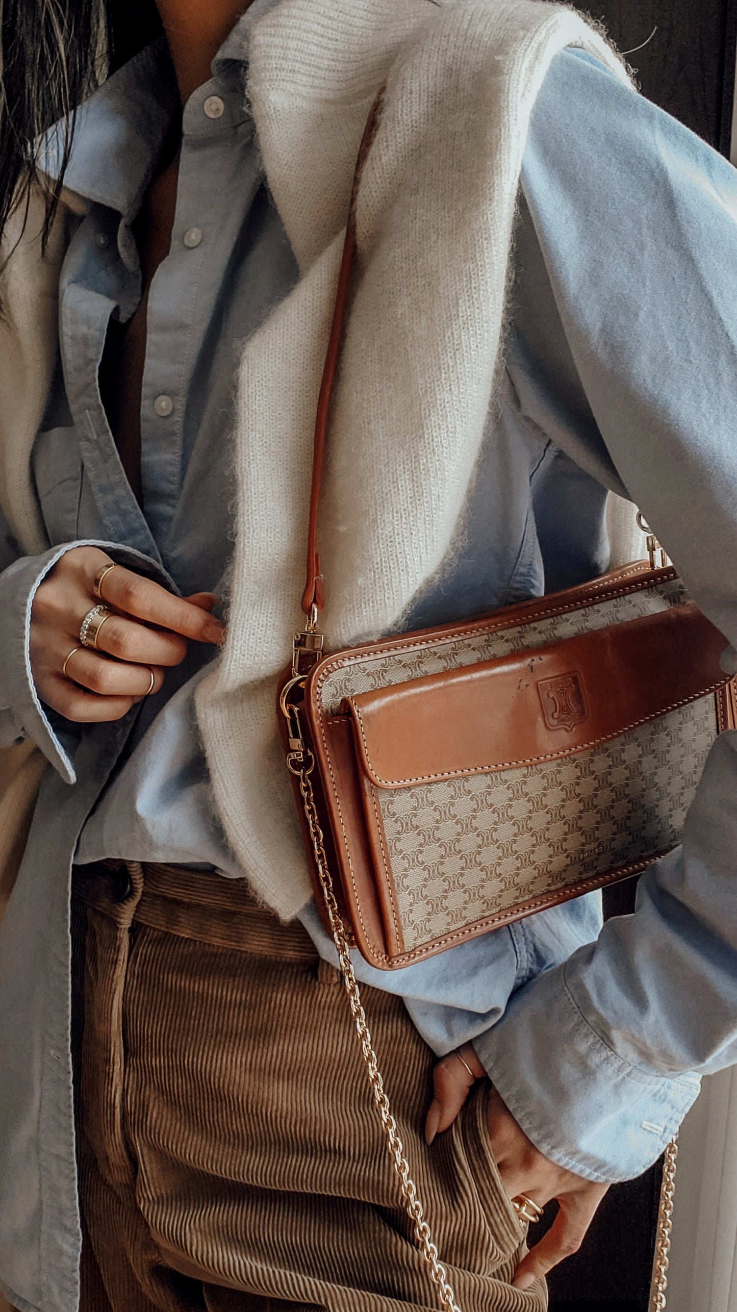Authentic Vintage Celine Upcycle Tan Purse with Strap & Chain