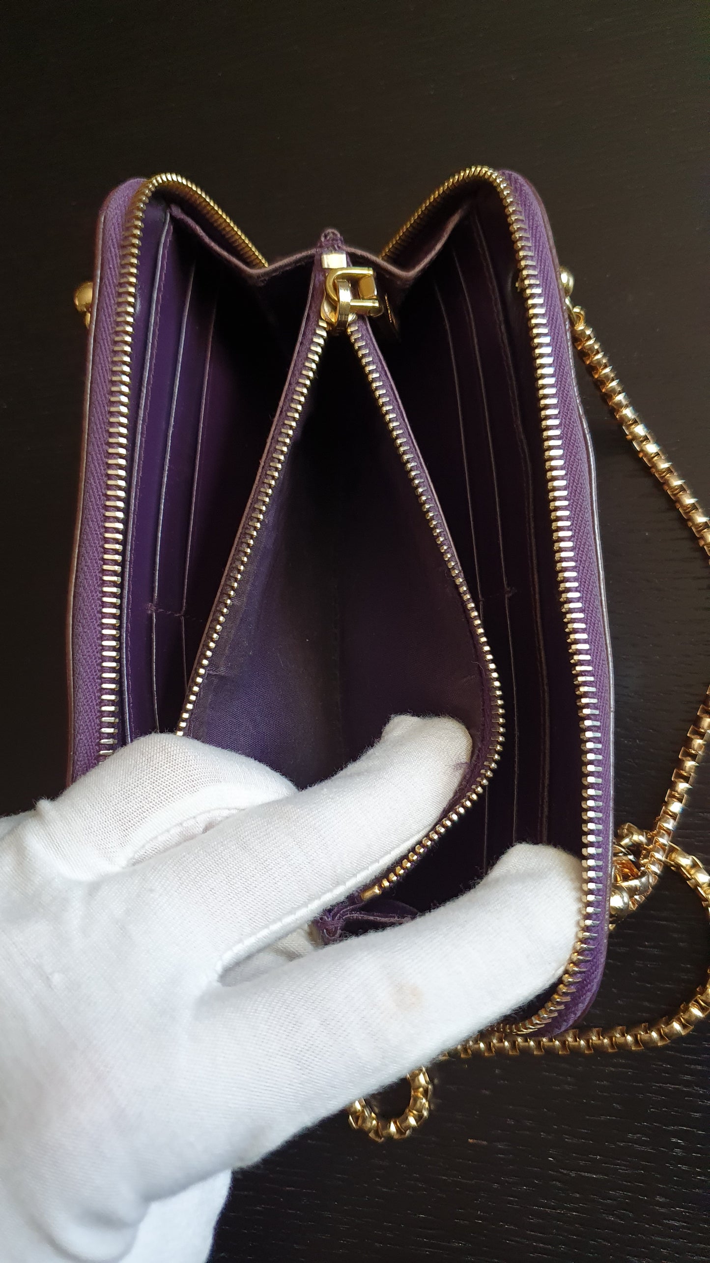 Authentic Miu Miu Upcycle Long Zip Patent Wallet with Chains