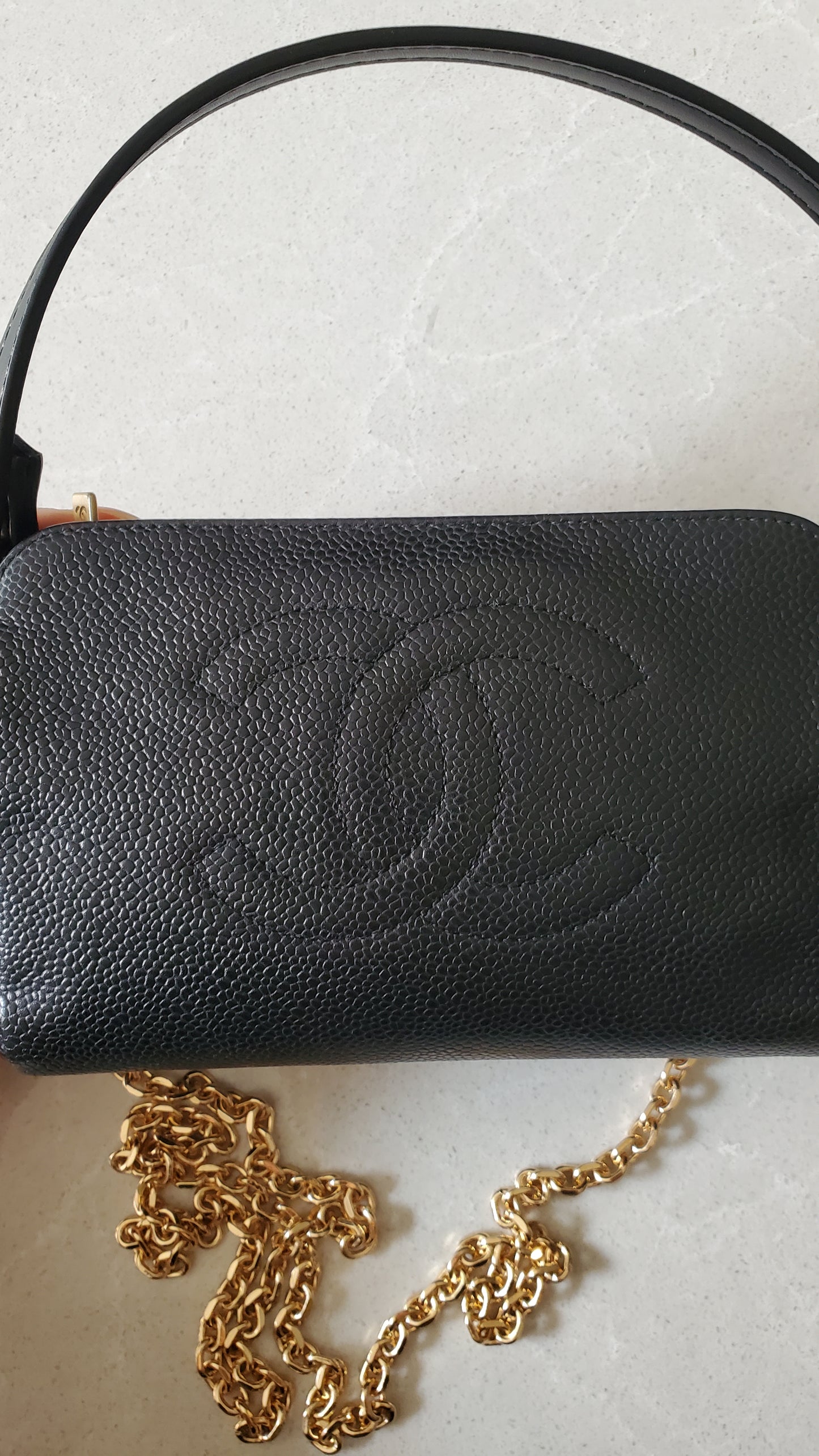 Authentic Vintage Chanel Caviar Perfect Size Upcycle Pouch/ Purse with Handle Strap & Chain