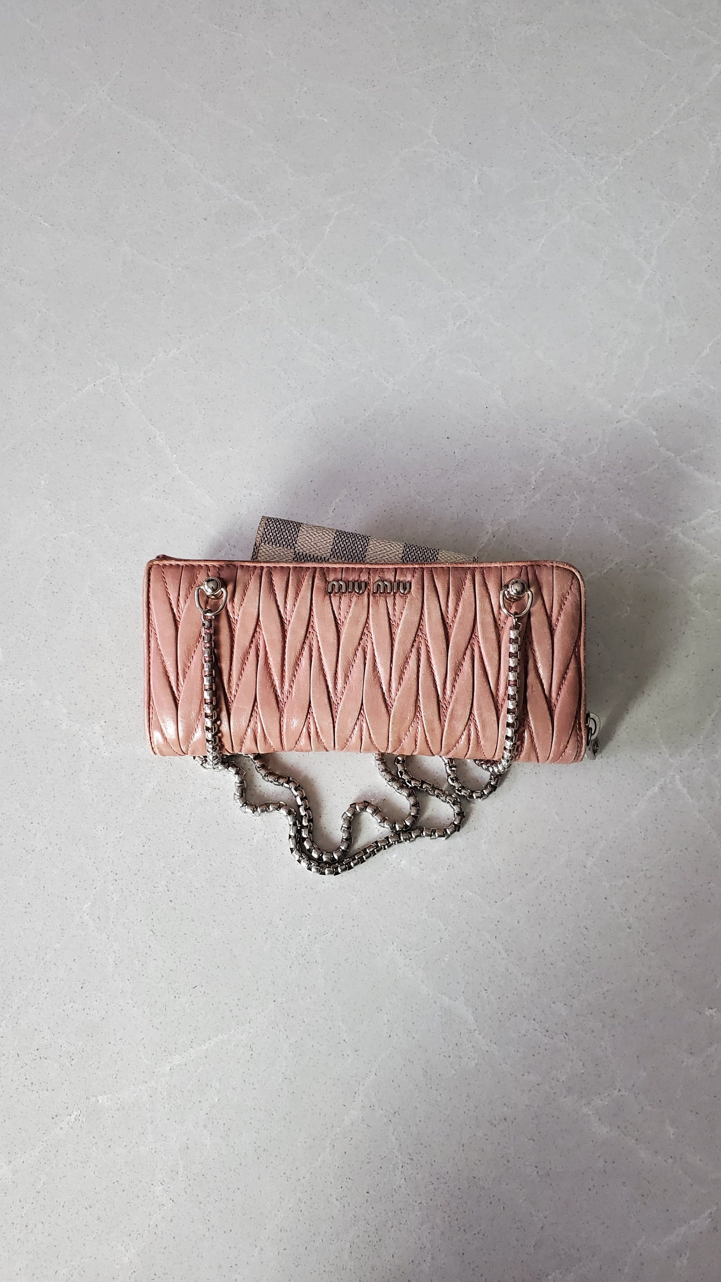 Authentic Miu Miu Upcycle Pink Zip Wallet with Shoulder Chains