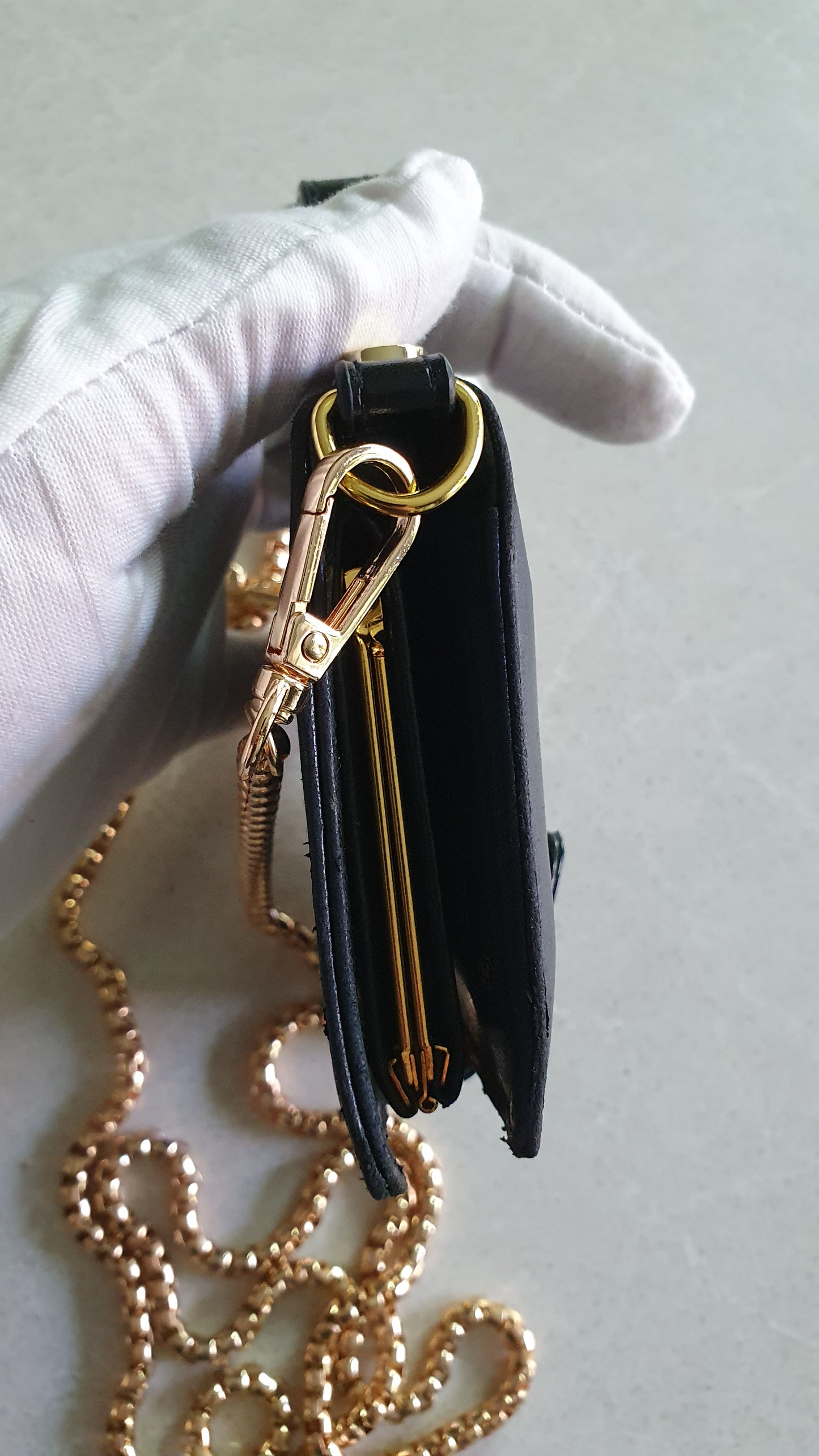 Authentic Chanel Upcycle Small Black Leather Wallet with Strap and Chain