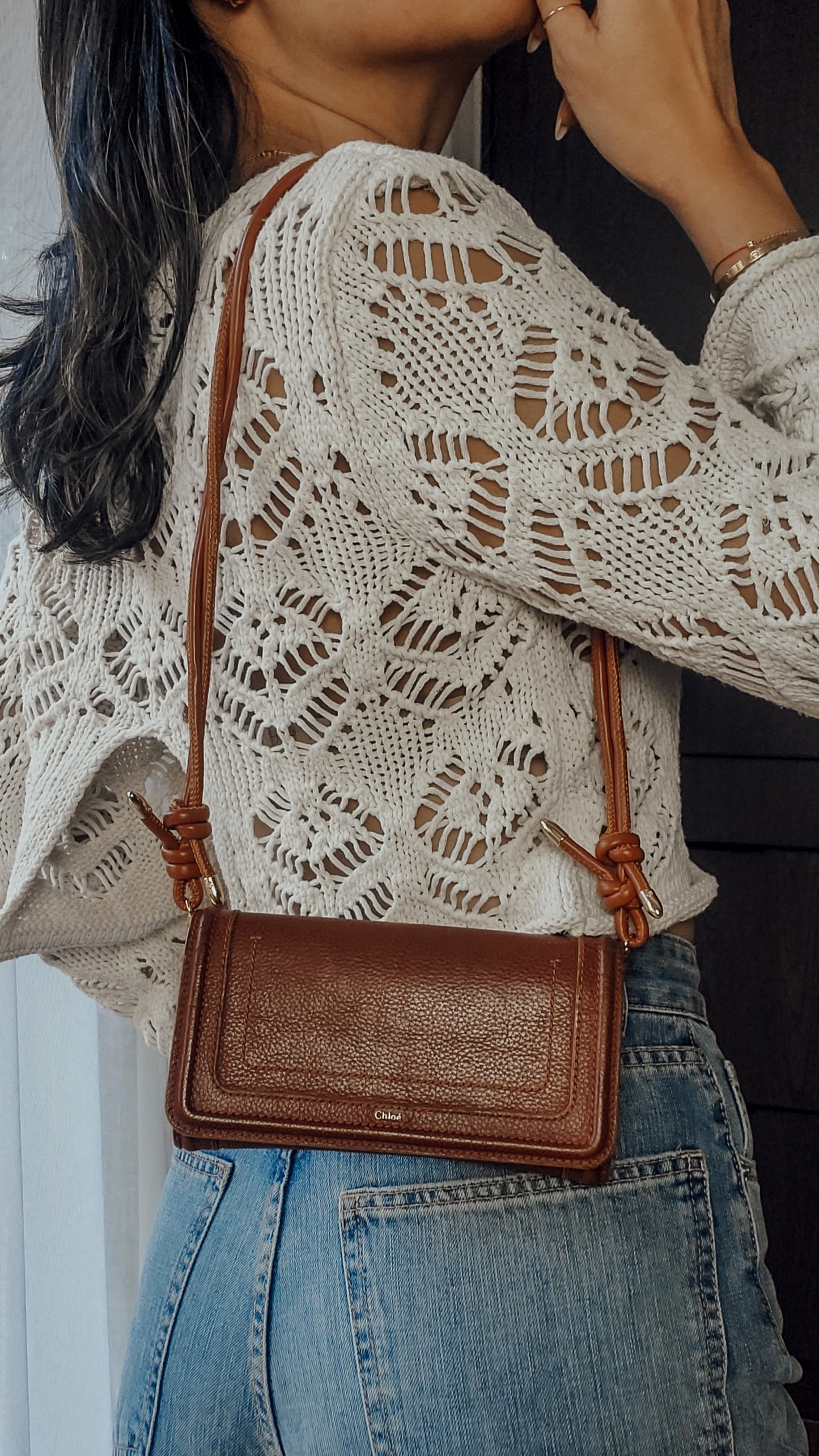 Authentic Chloe Upcycle Brown Leather Long Wallet with Strap