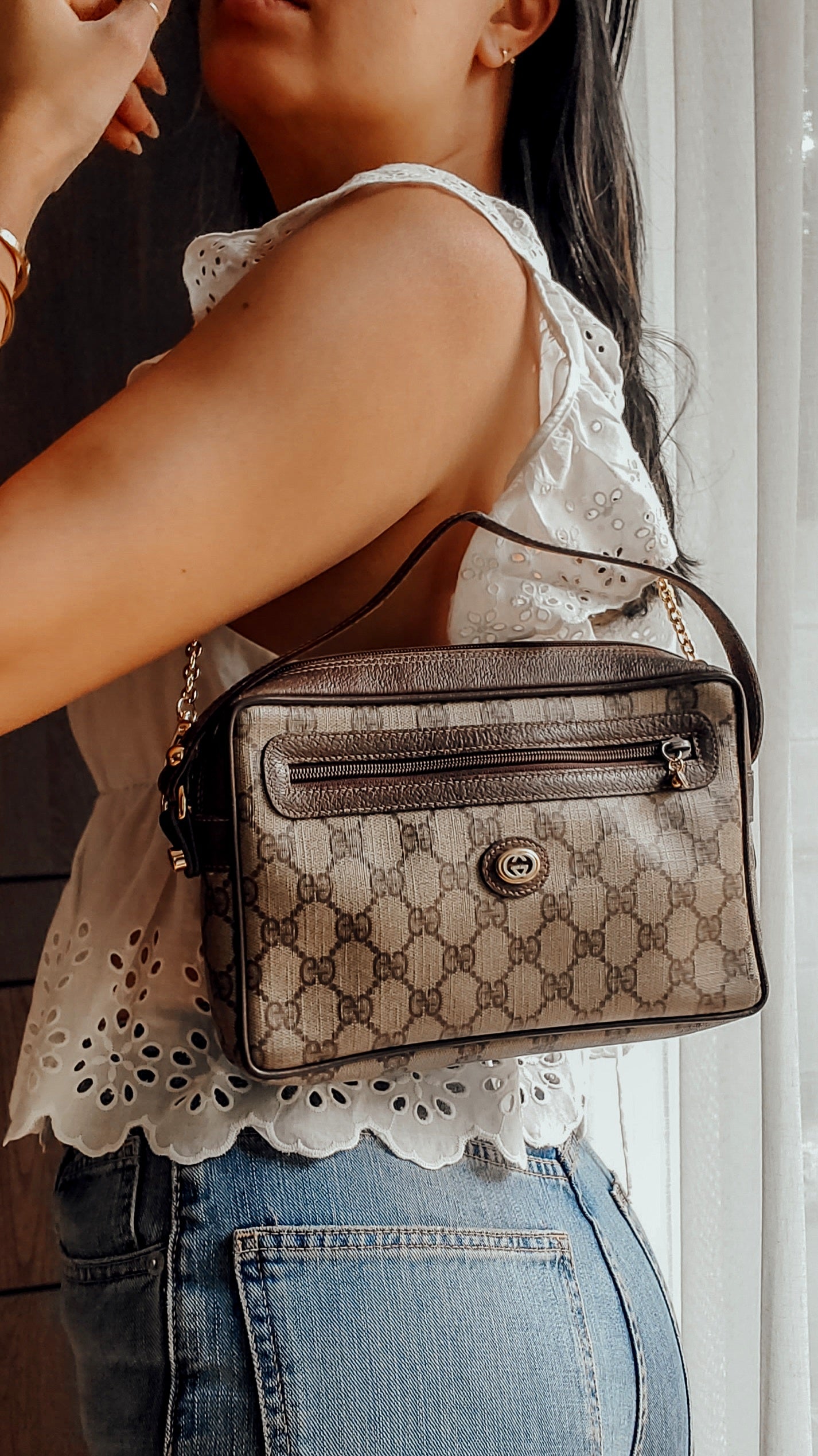 Authentic Vintage Gucci Upcycle Brown Bag with Chain