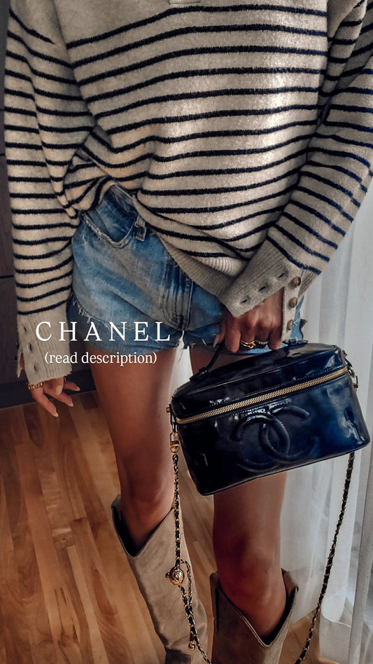 Authentic Vintage Chanel Upcycle Black Patent Vanity Case with Chain