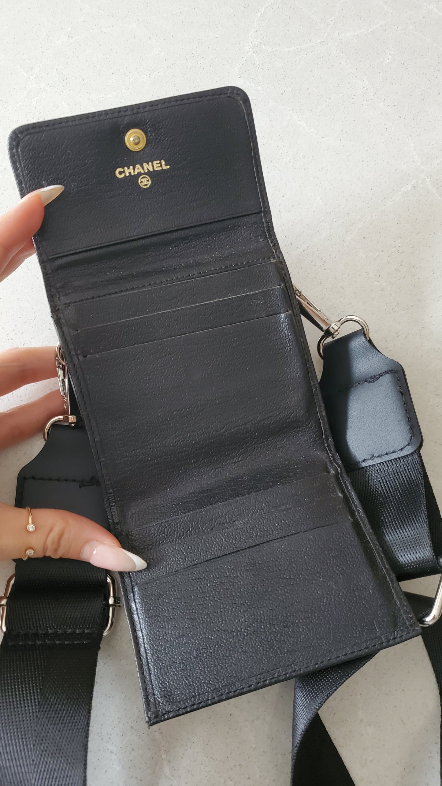 Authentic Chanel Upcycle Black Caviar Compact a Wallet with Strap