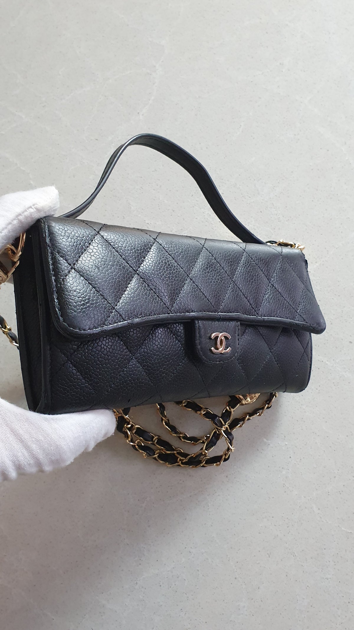 Authentic Chanel Upcycle Black Caviar Long Wallet Purse with Strap & Chain