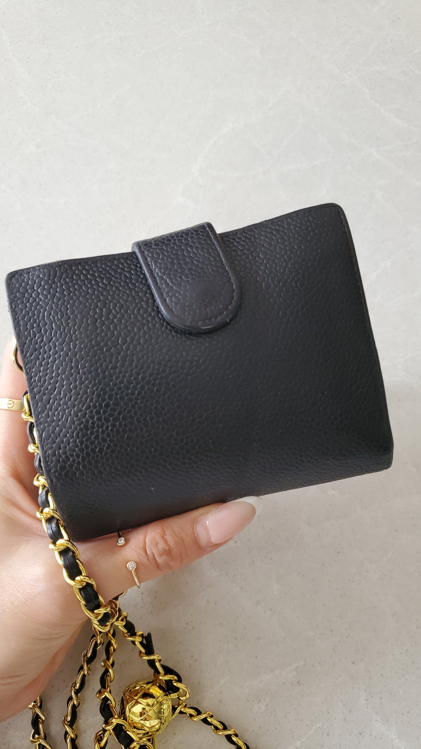 Authentic Vintage Chanel Upcycle Black Caviar Compact Wallet on Chain