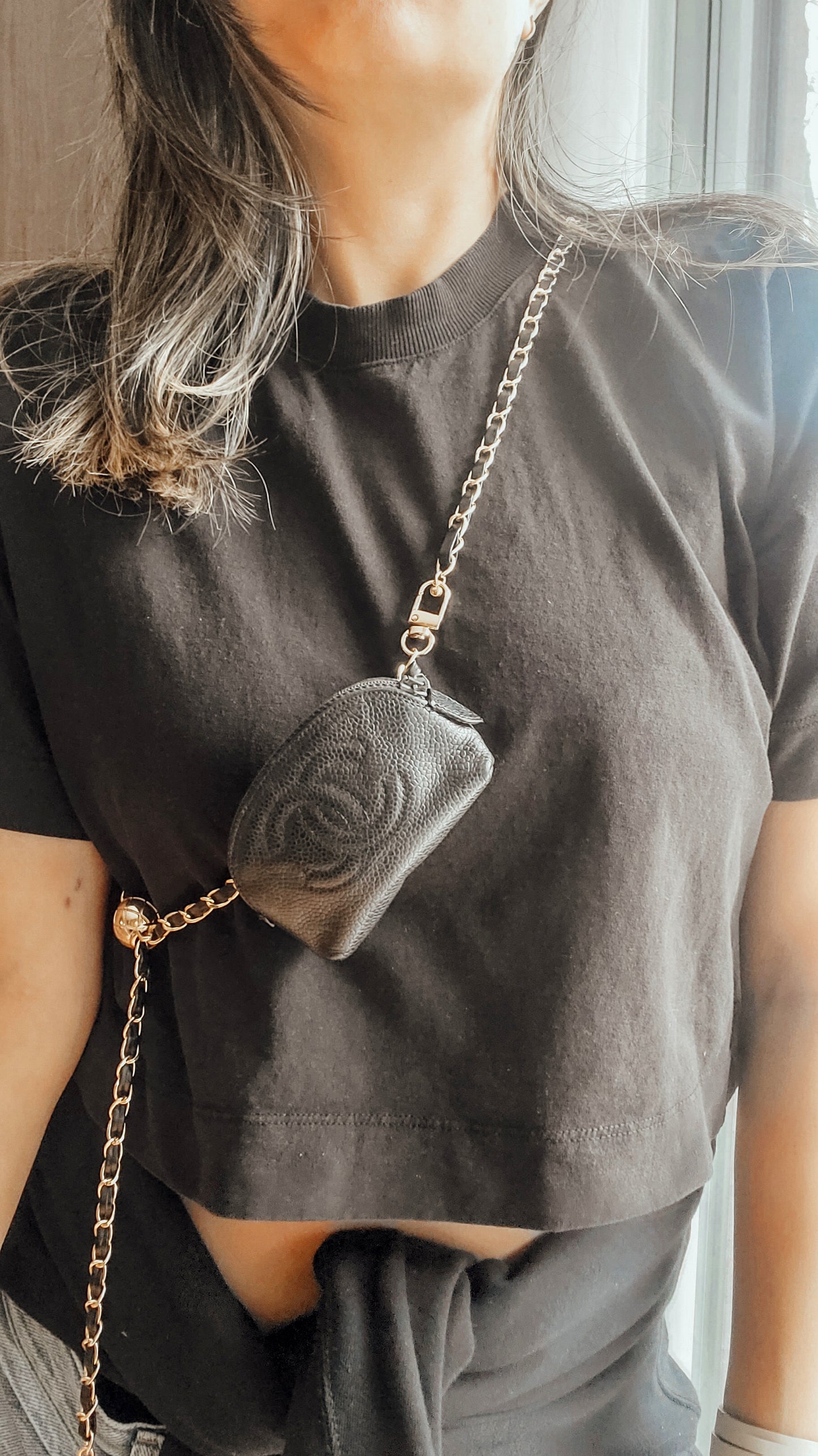 Authentic Vintage Chanel Upcycle Versatile Black Caviar Mini Pouch on Chain