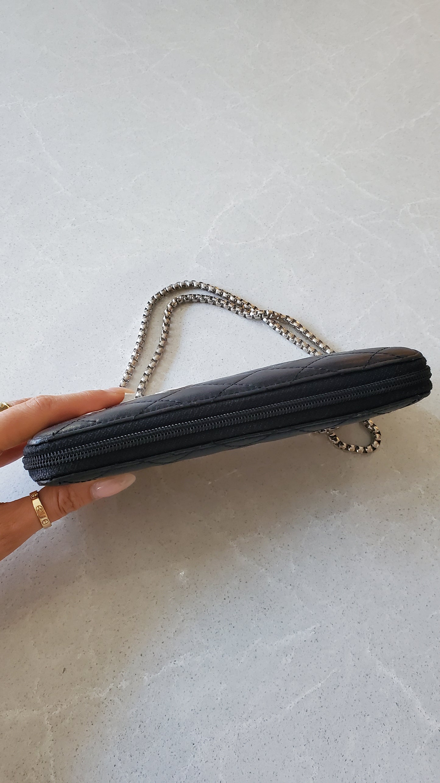 Authentic Vintage Chanel Upcycle Black Lambskin Zip Wallet with Chain