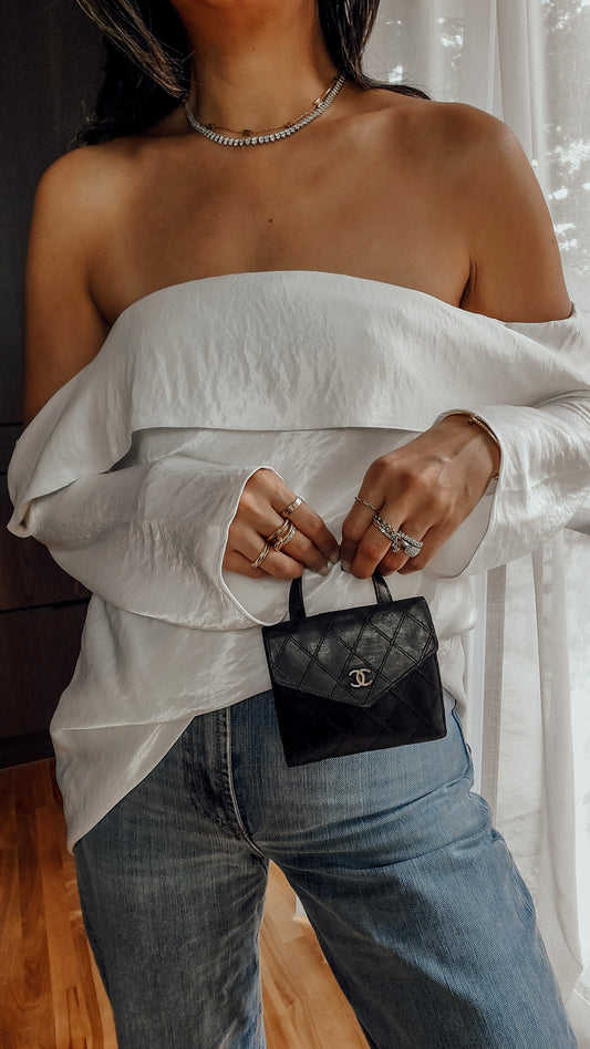 Authentic Chanel Upcycle Small Black Compact Wallet with Single Handle