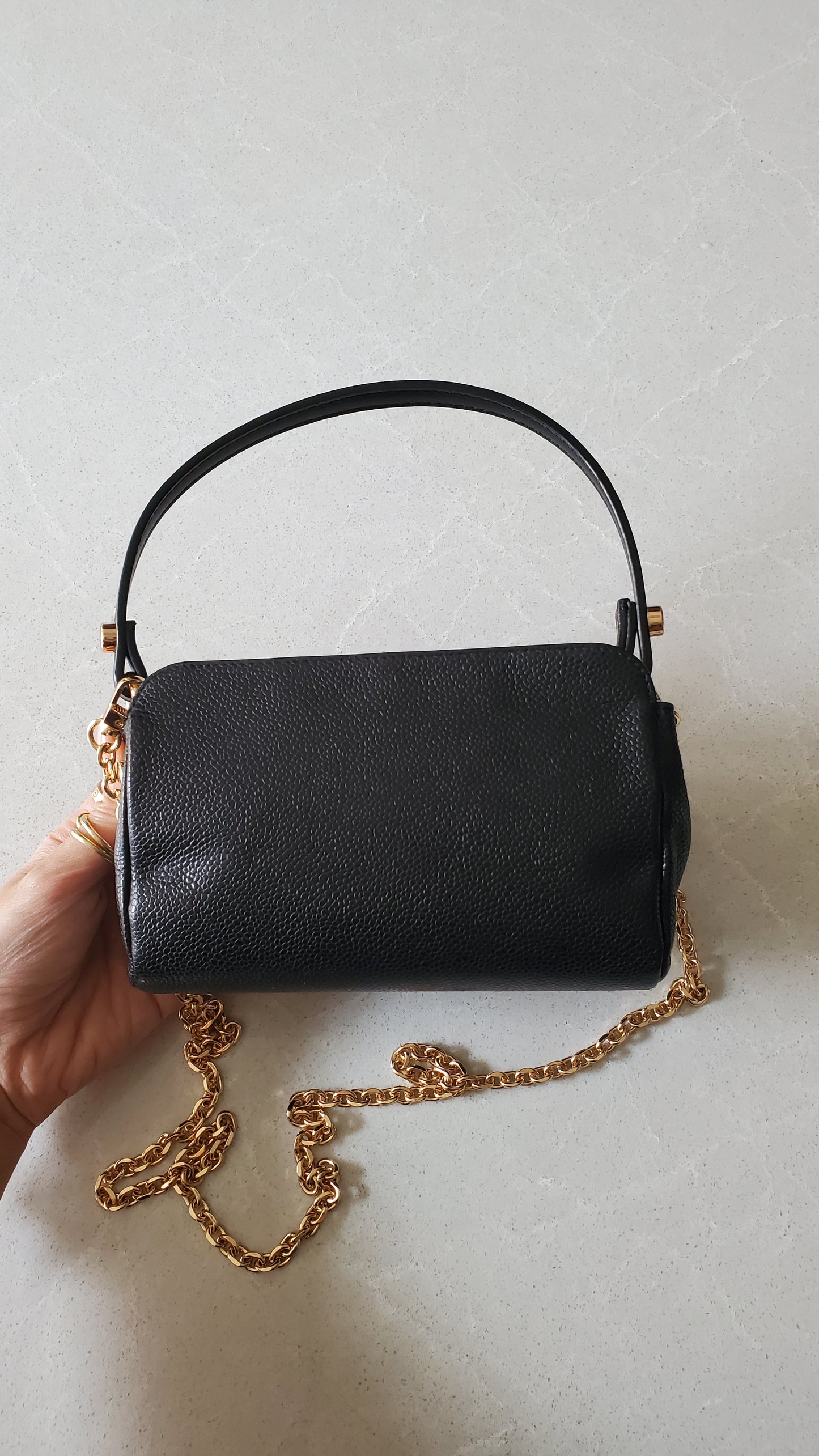 Authentic Vintage Chanel Caviar Perfect Size Upcycle Pouch/ Purse with Handle Strap & Chain