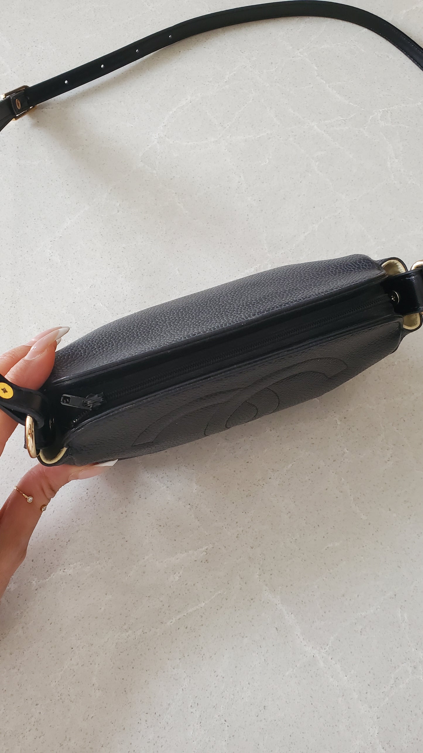 Authentic Vintage Chanel Upcycle Black Caviar Perfect Size Pouch with Strap