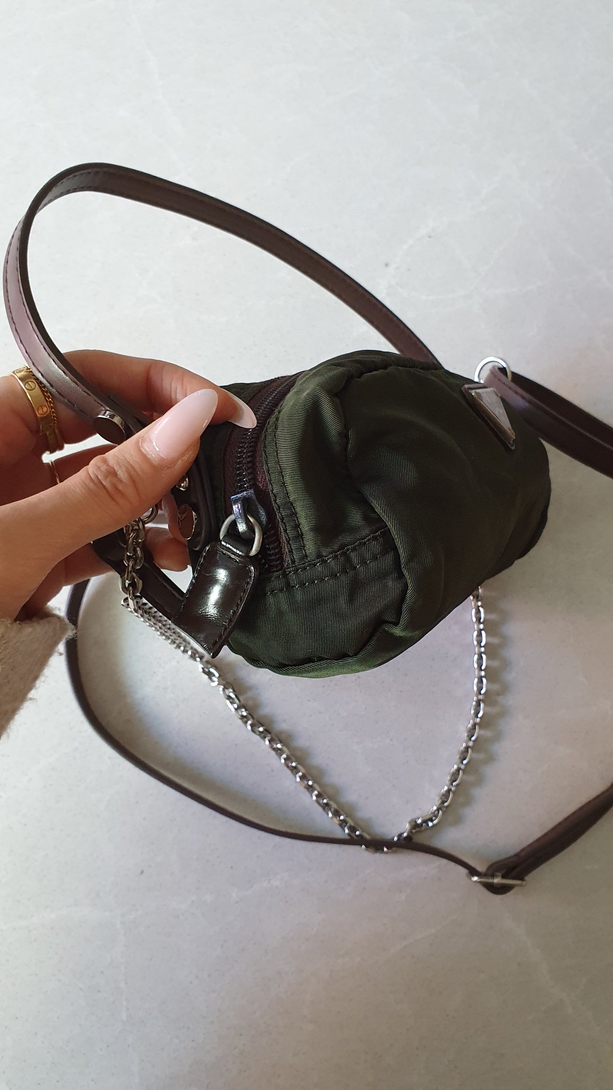 Authentic Prada Upcycle Versatile Dark Green (2) Pouch with Straps & Chain