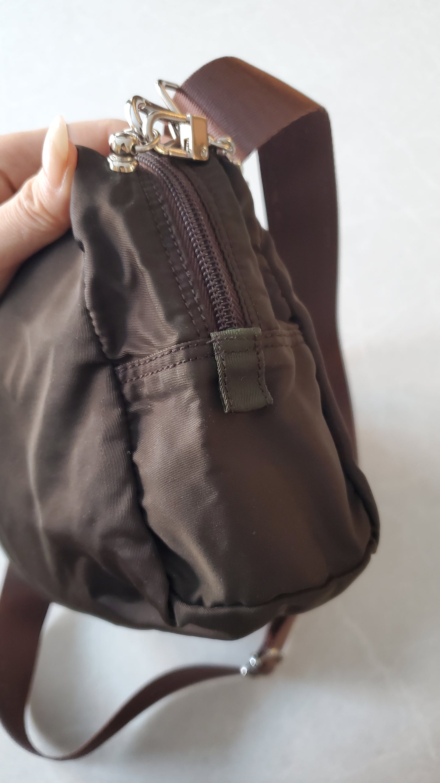 Authentic Prada (Dark Green/ Brown) Upcycle Large Nylon Pouch with Chain & Strap