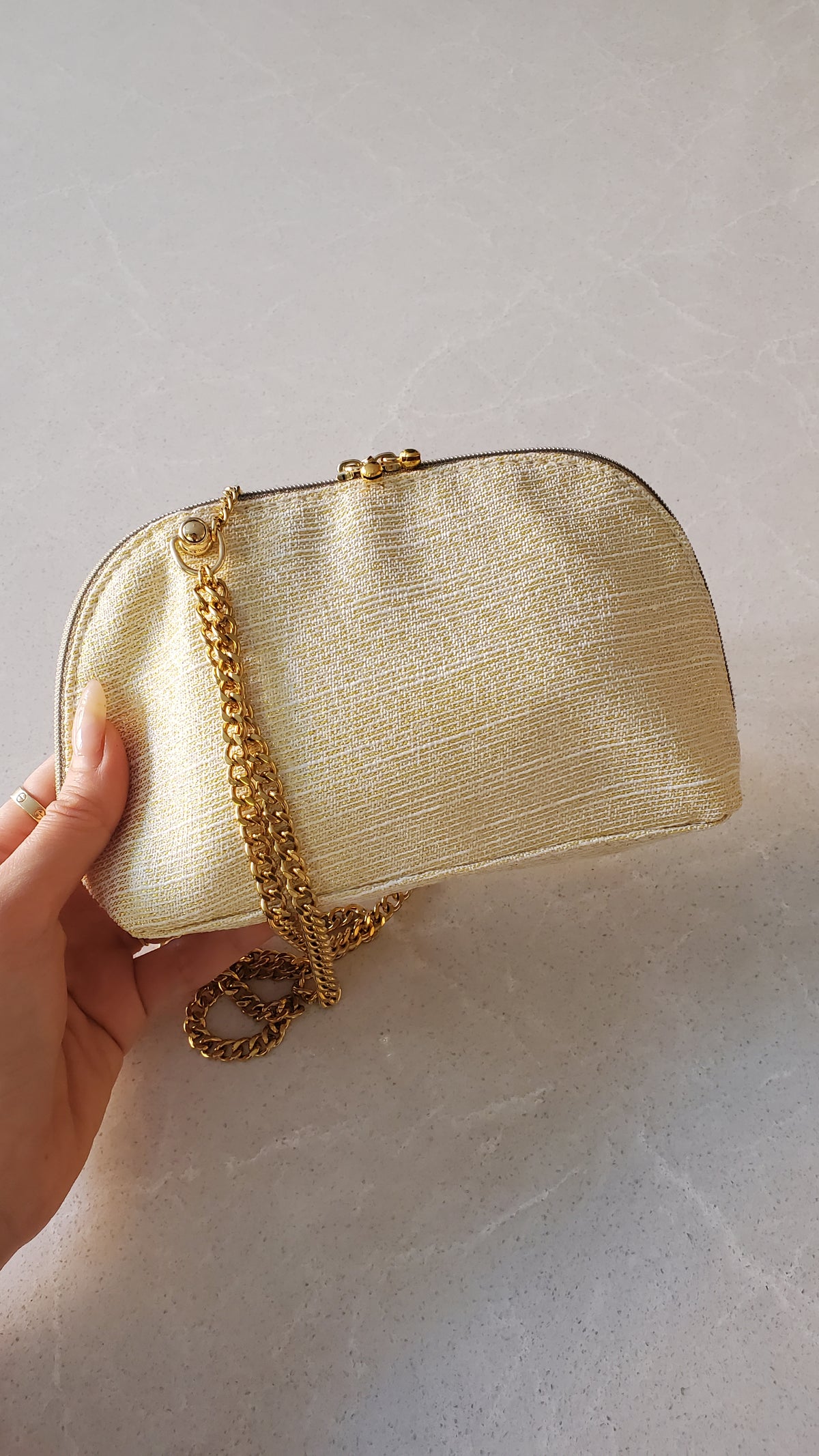 Authentic Dior Upcycle Versatile Gold Holiday Beauty Pouch with Handmade Chains