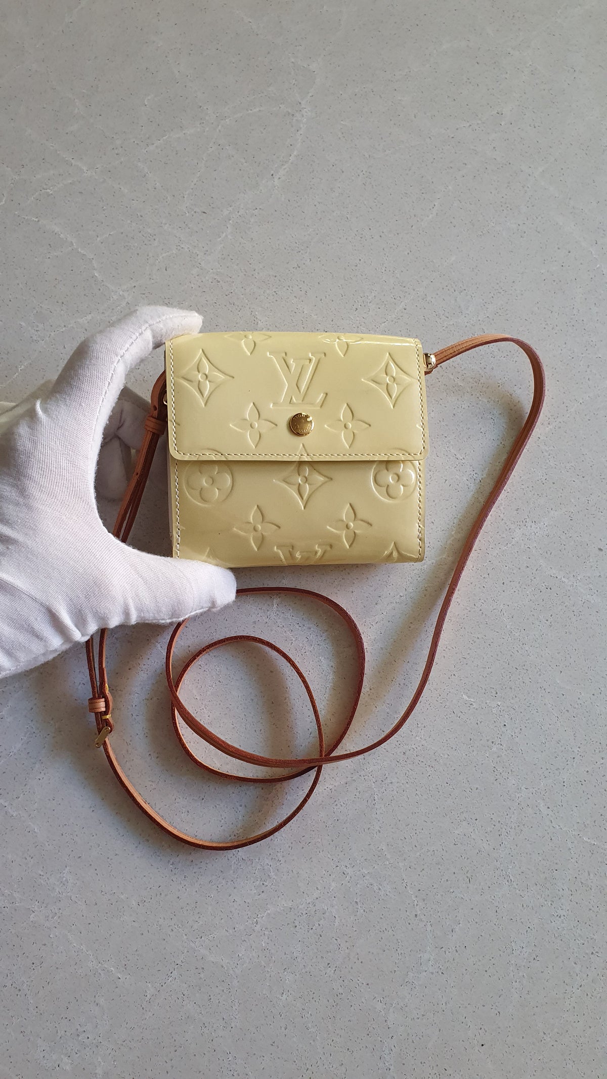 Authentic Louis Vuitton Upcycle Small Yellow Vernis Compact Wallet with Strap