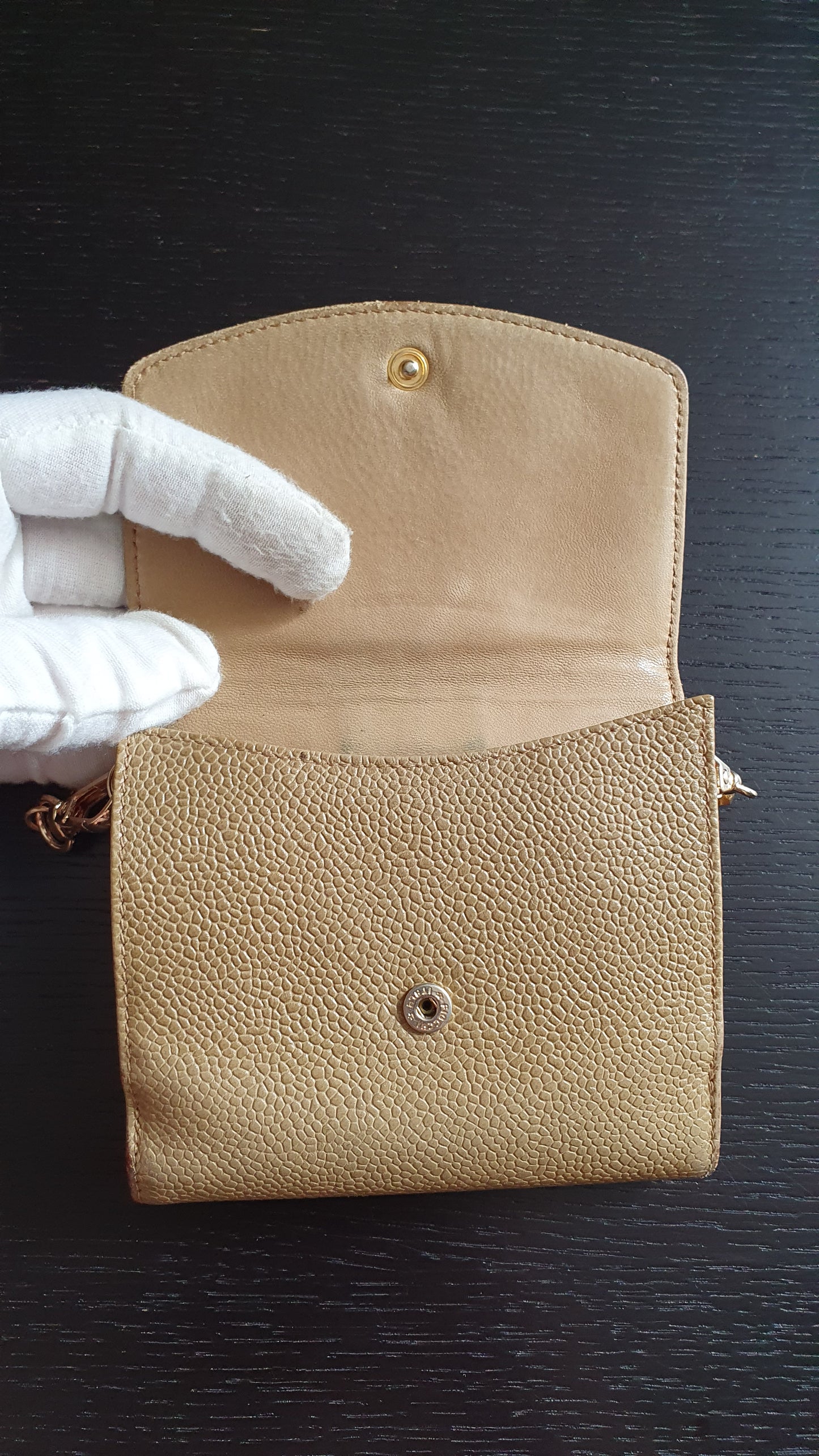 Authentic Chanel Upcycle (Tan) Small Compact Caviar Wallet with Chain