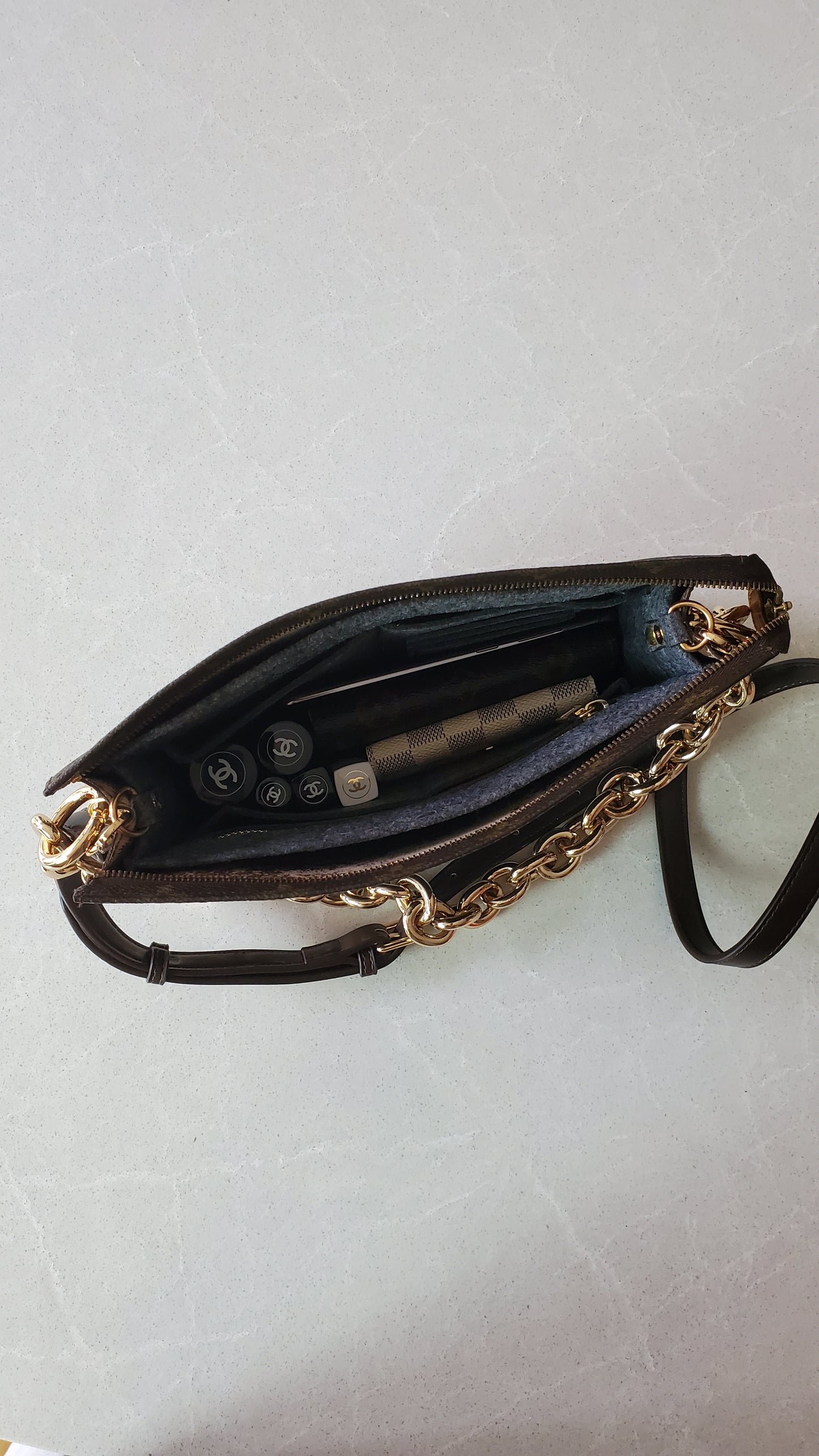 Authentic Vintage Louis Vuitton Upcycle Toiletry Pouch (with grey insert) with Chain & Strap