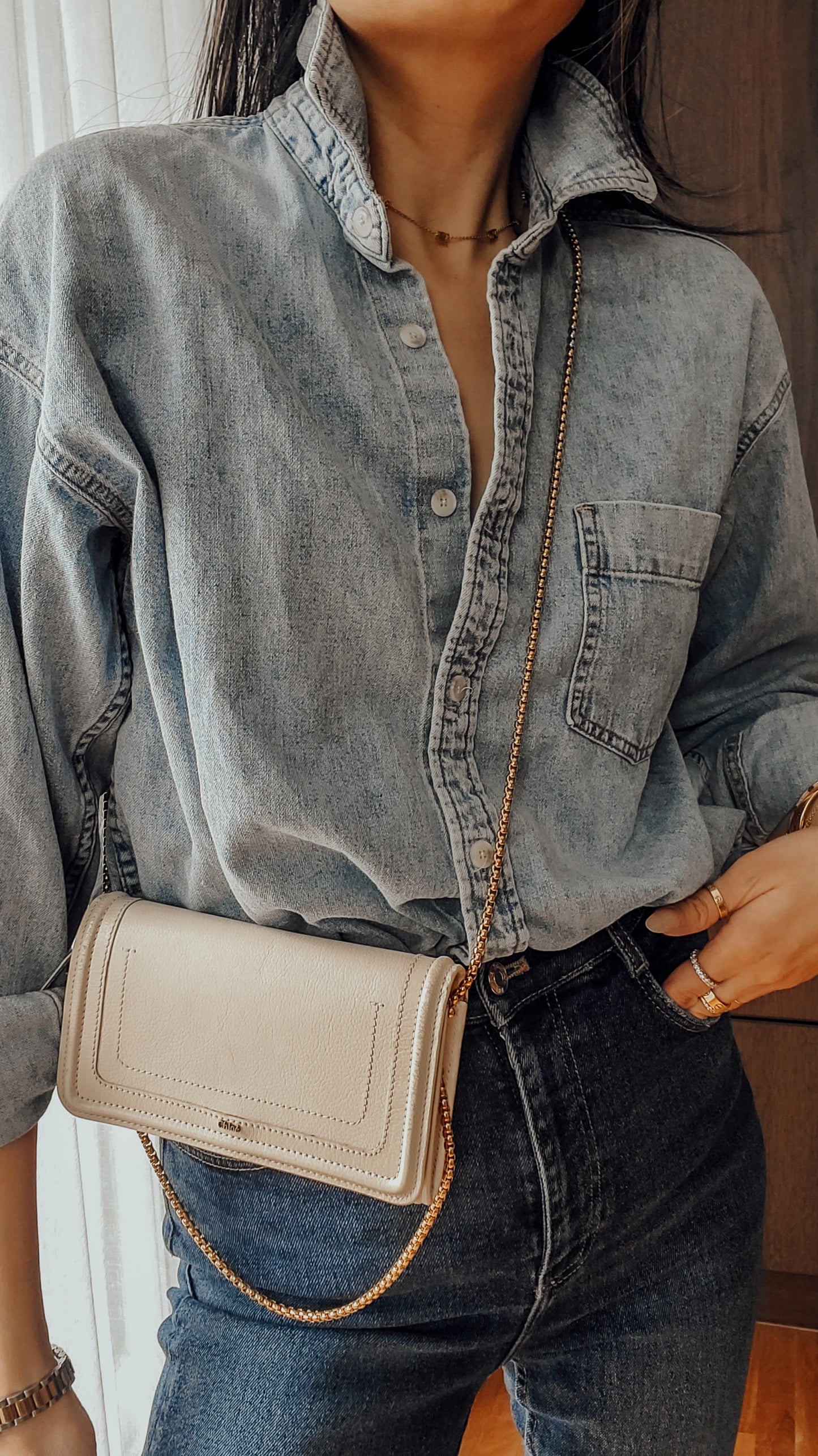 Authentic Chloe Upcycle Cream Leather Wallet with Chain