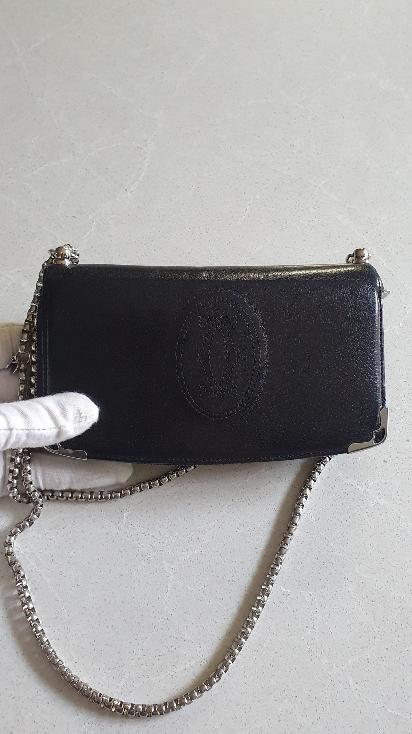 Authentic Vintage Cartier Upcycle Black Leather Wallet with Chain